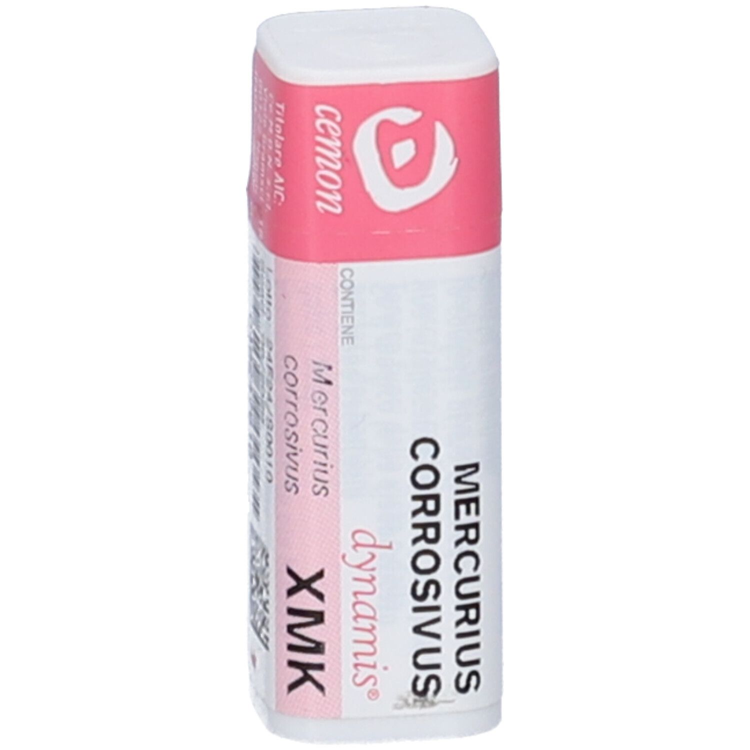 Contenitore cilindrico con etichetta rosa e bianca. Scritta: Mercurius Corrosivus dynamis XMK. Marchio: cemon.