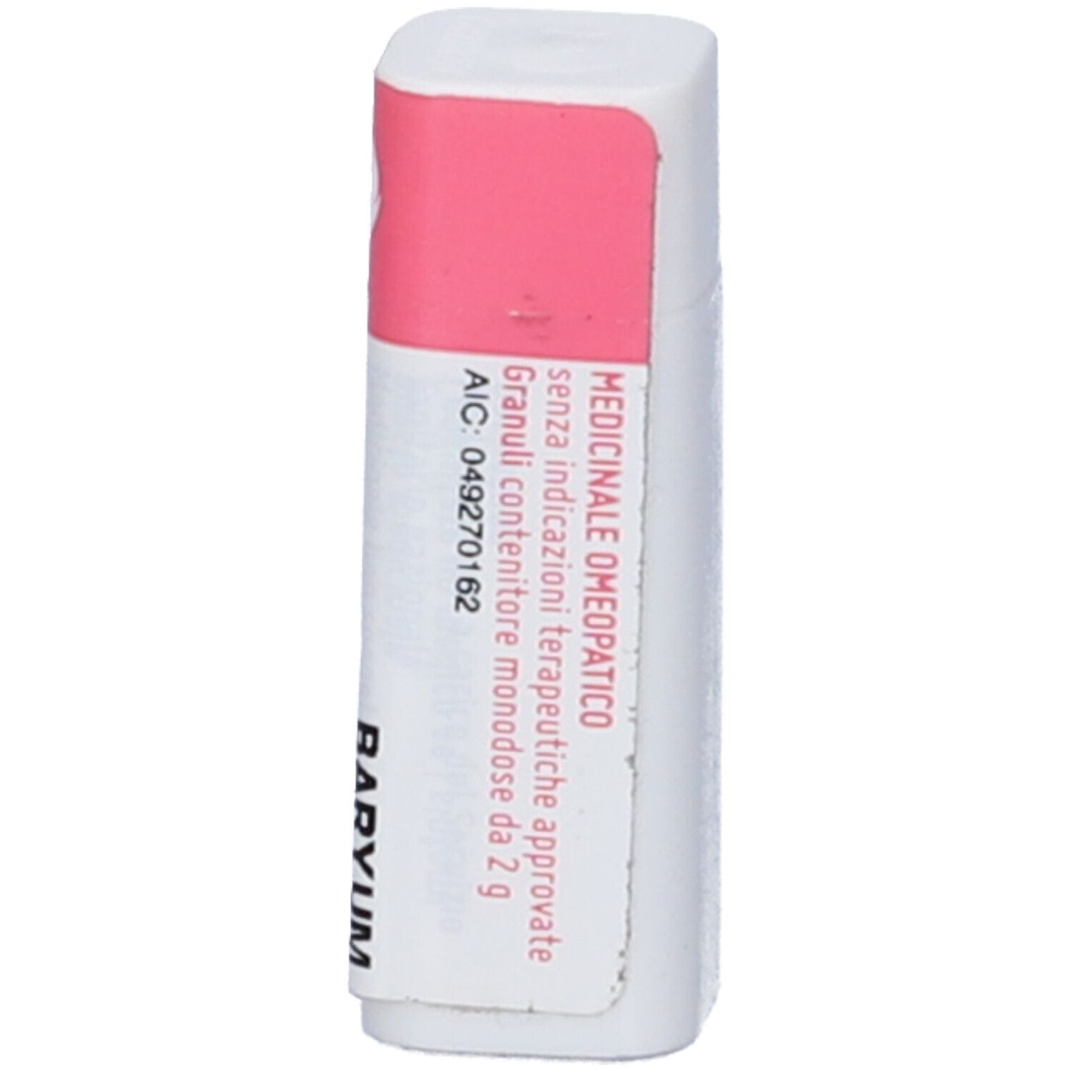 Confezione monodose cilindrica bianca con fascia rosa. Scritta: Baryum Carbonicum dynamis 30 LM. Logo e testo in nero.