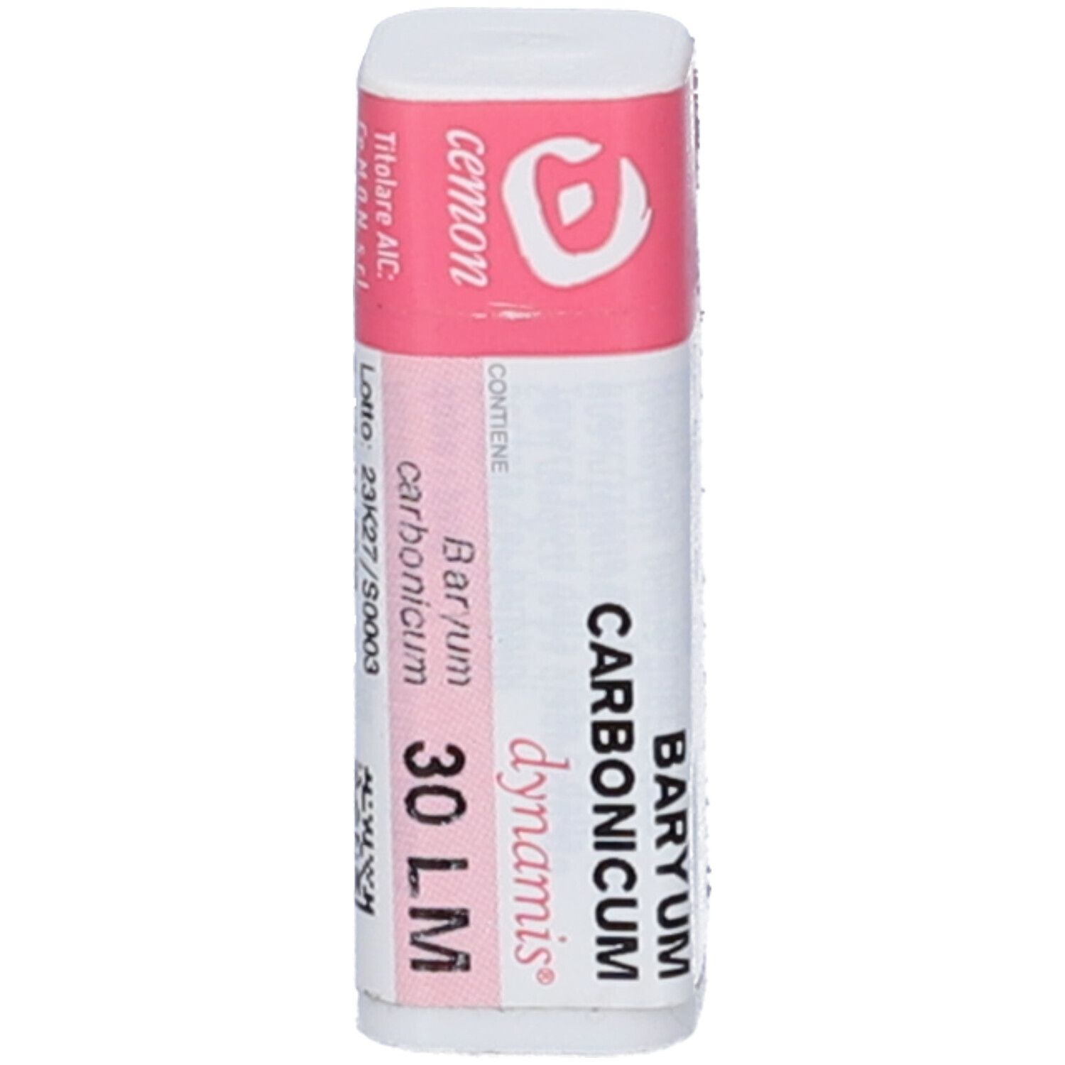 Confezione monodose cilindrica bianca con fascia rosa. Scritta: Baryum Carbonicum dynamis 30 LM. Logo e testo in nero.