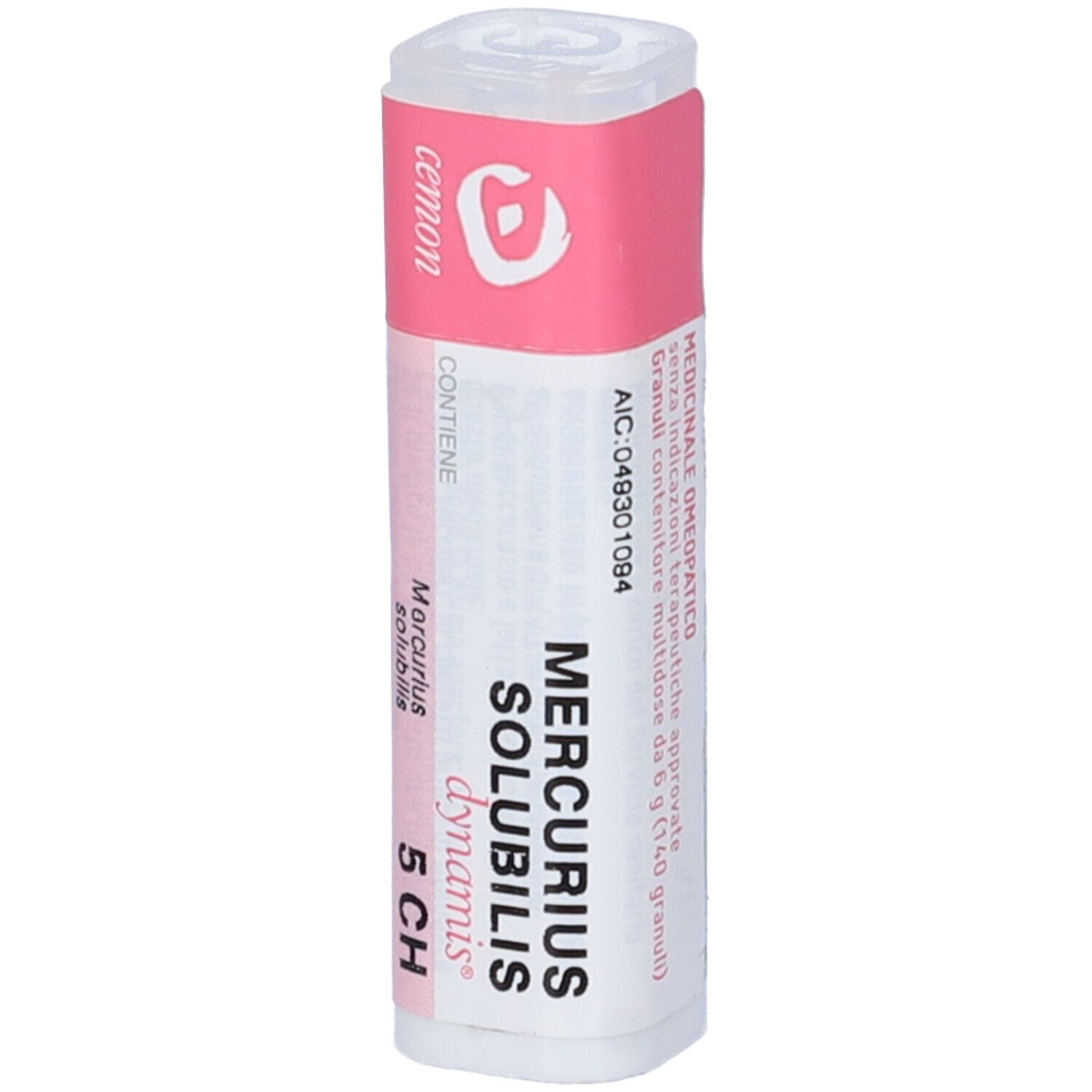 Flacone bianco con etichetta rosa. Scritte: Cemon, Mercurius Solubilis Dynamis 5 CH. Ulteriori informazioni in italiano.