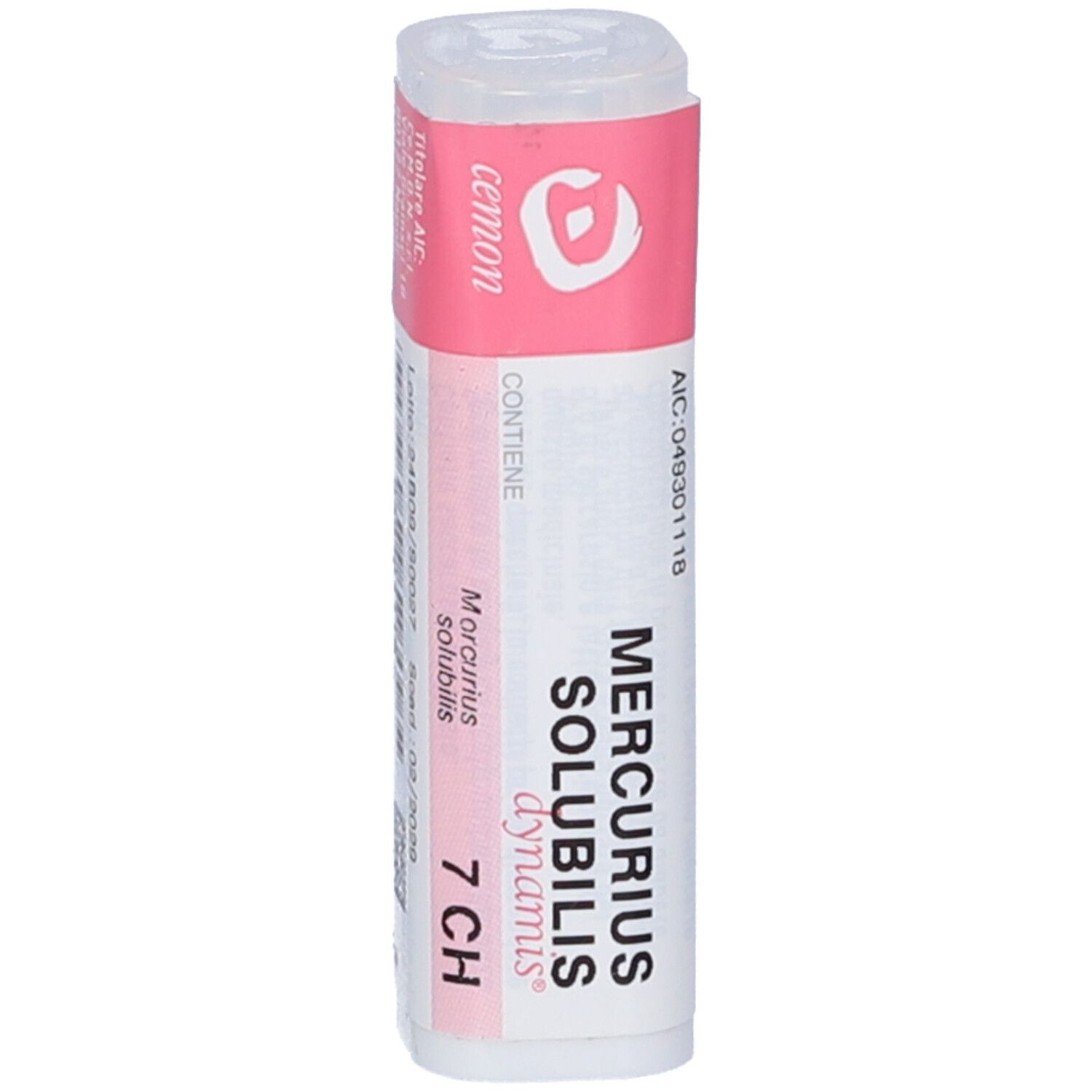 Confezione cilindrica con etichetta rosa. Scritta: Mercurius solubilis dynamis 7 CH. Marchio: cemon.