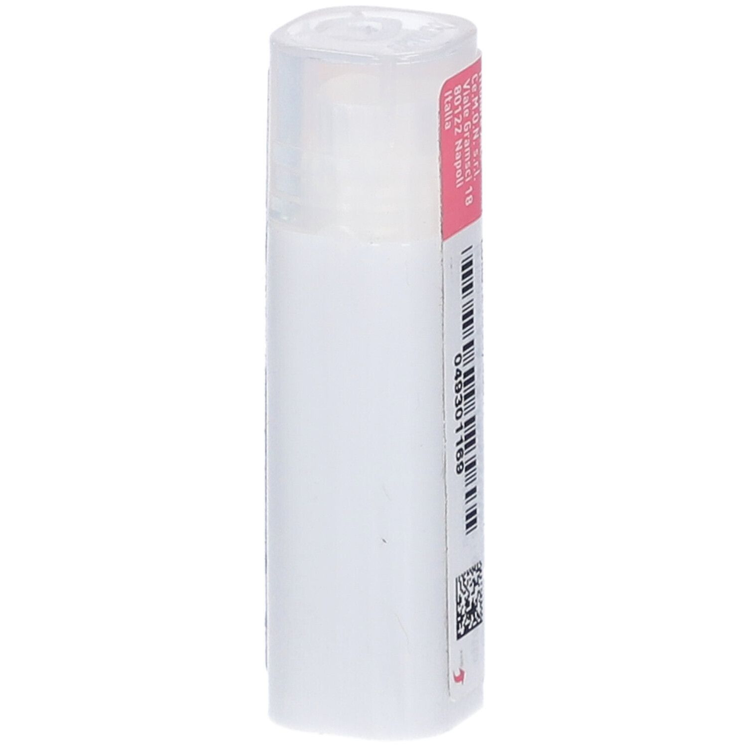 Flacone cilindrico bianco con etichetta rosa. Codice a barre e altre informazioni sul flacone.