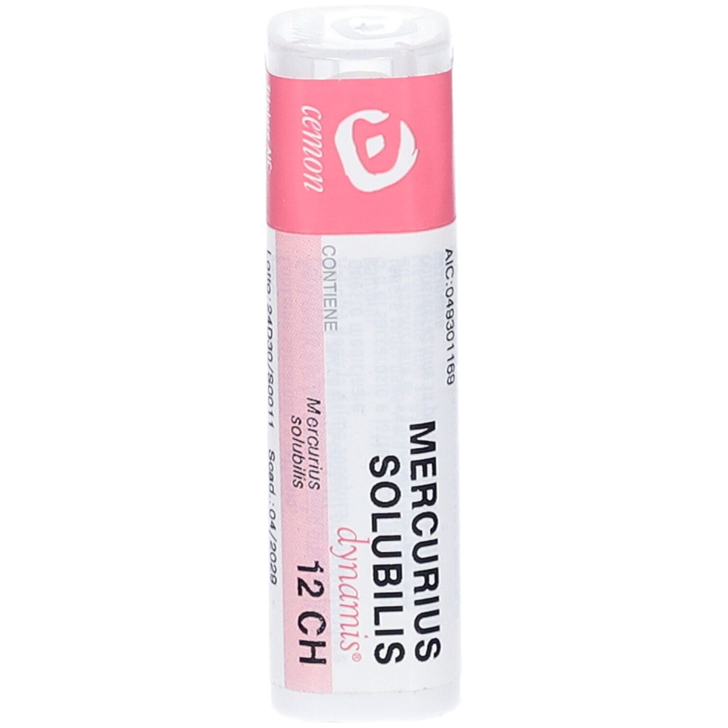 Flacone cilindrico bianco con etichetta rosa. Scritta: Mercurius Solubilis dynamis 12 CH. Marchio: Cemon.