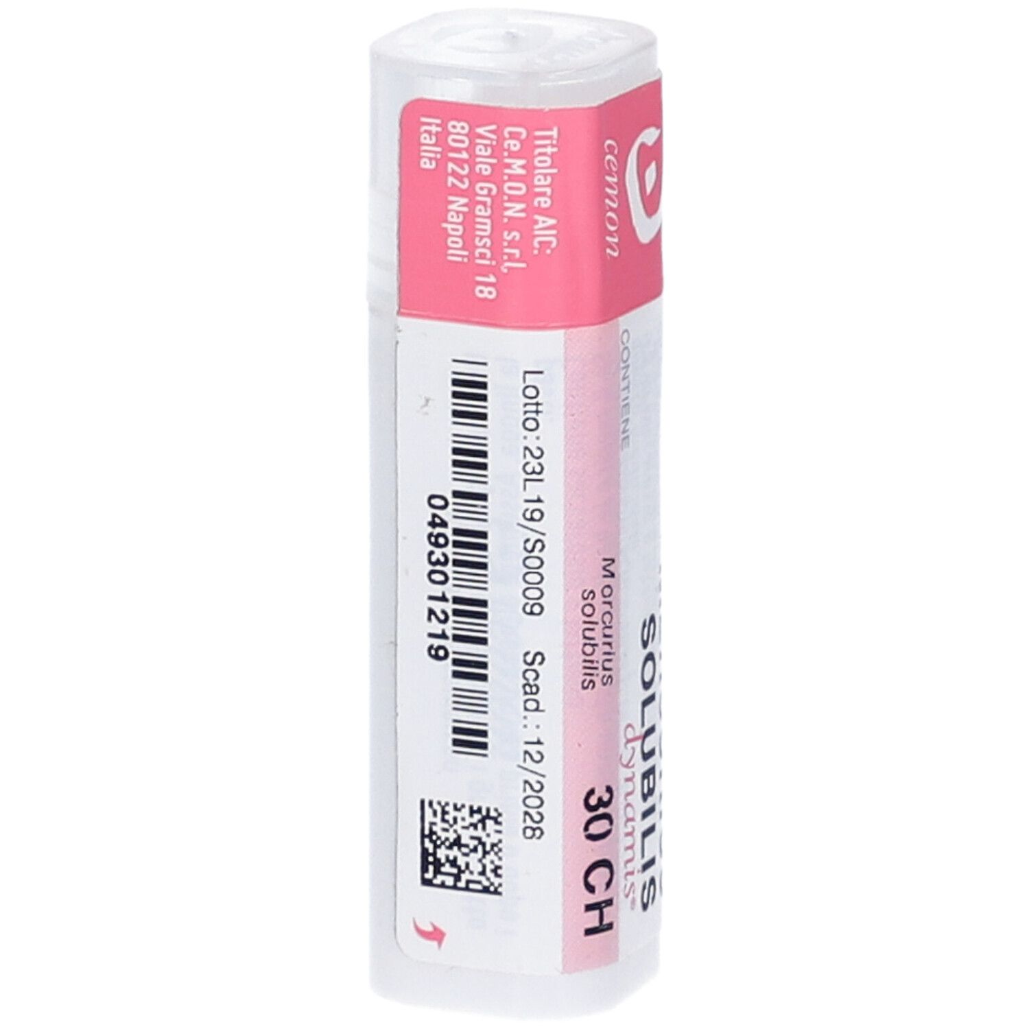 Confezione cilindrica con etichetta rosa e bianca. Scritta: Mercurius Solubilis dynamis 30 CH. Numero di lotto e scadenza.