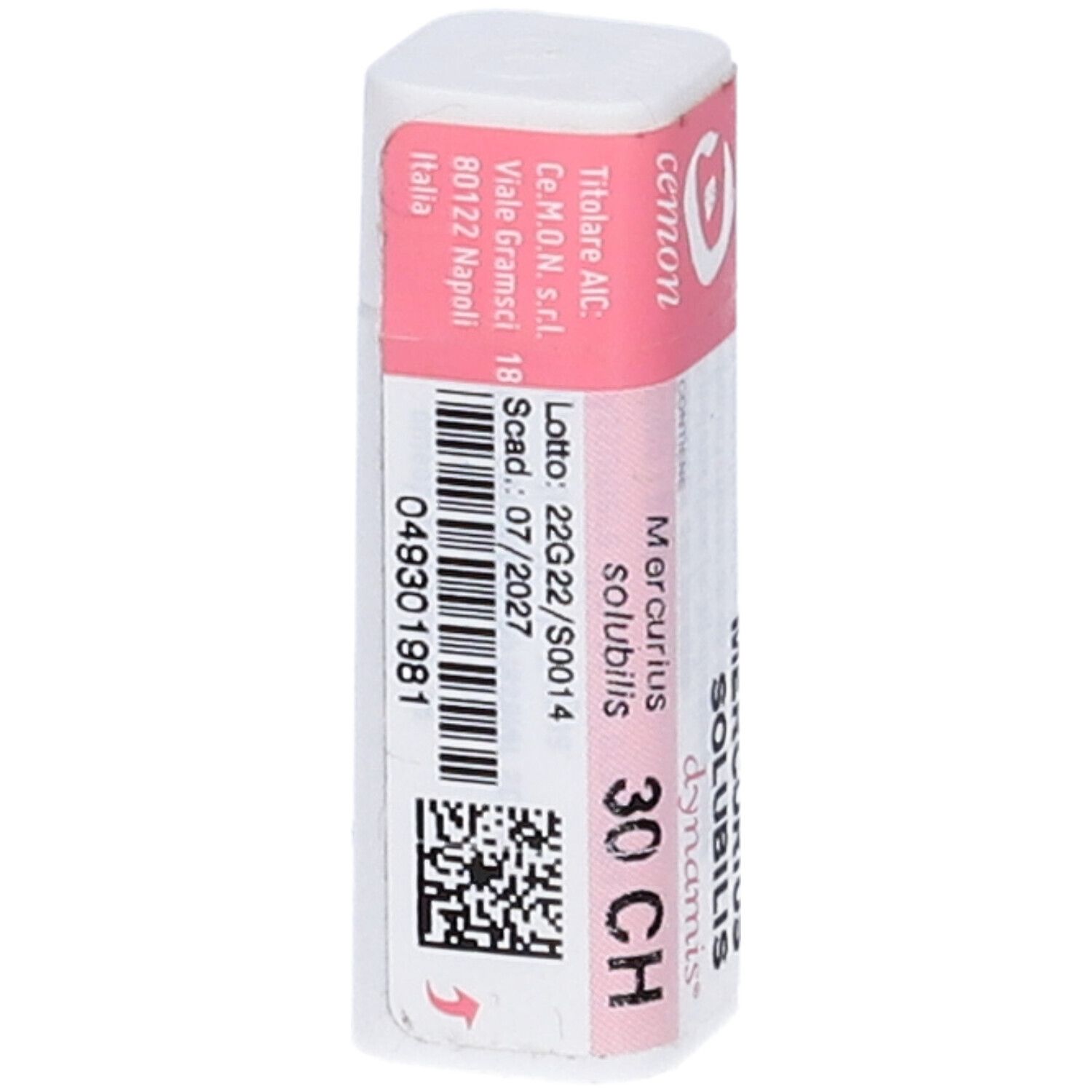 Monodose rosa e bianca con stampa. Testo: Cemon, Mercurius Solubilis 30 CH, Lotto, Scad. 07/2027. Con codice QR e numero AIC.