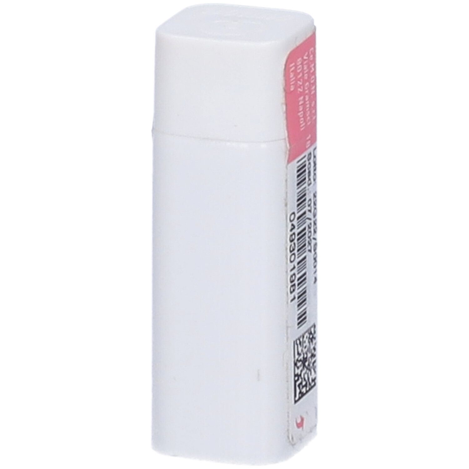 Monodose cilindrica bianca con stampa rosa. Stampa con testo e codice QR. Contiene informazioni sulla scadenza.