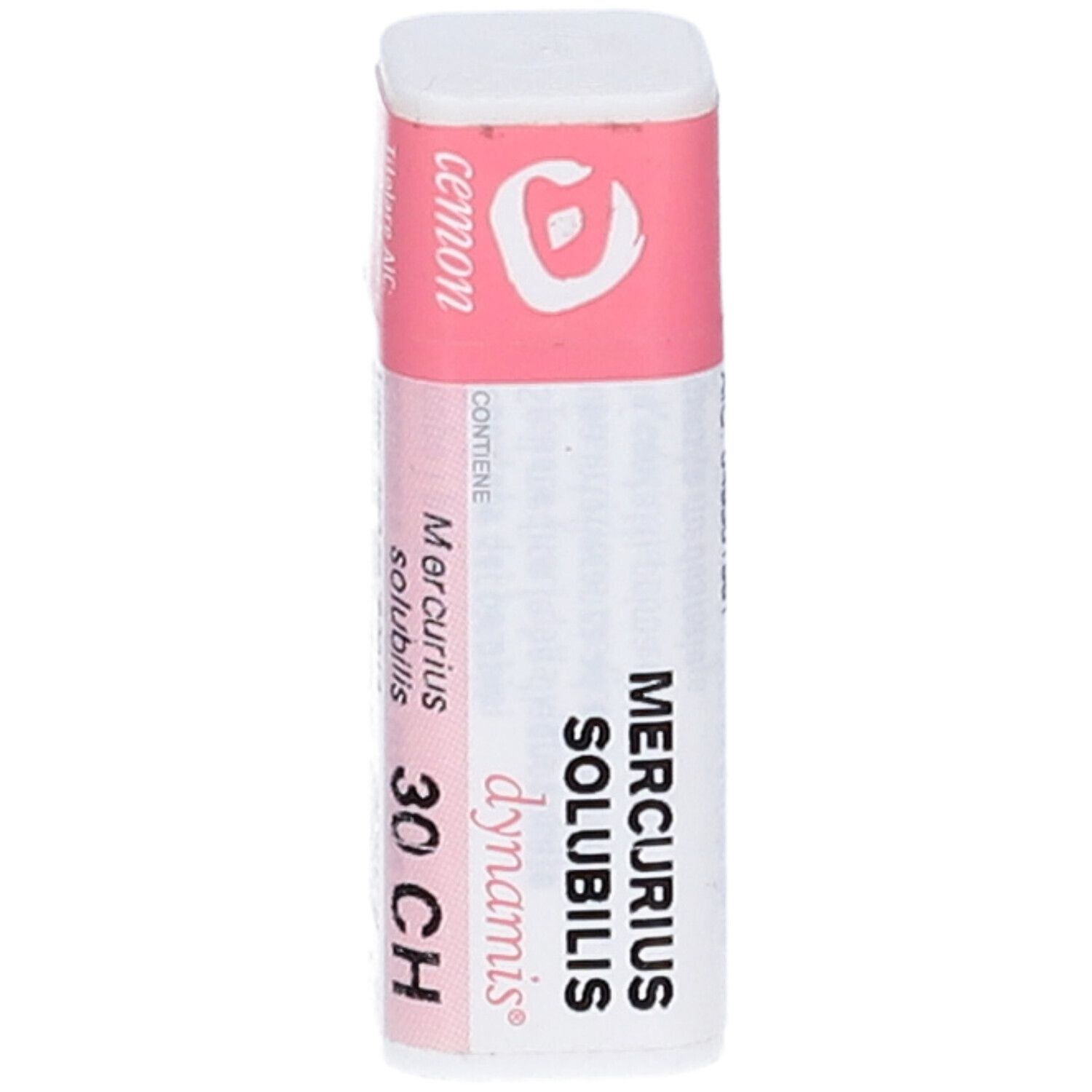 Contenitore monodose cilindrico rosa e bianco. Scritta: Cemon, Mercurius Solubilis Dynamis 30 CH. Contiene granuli.