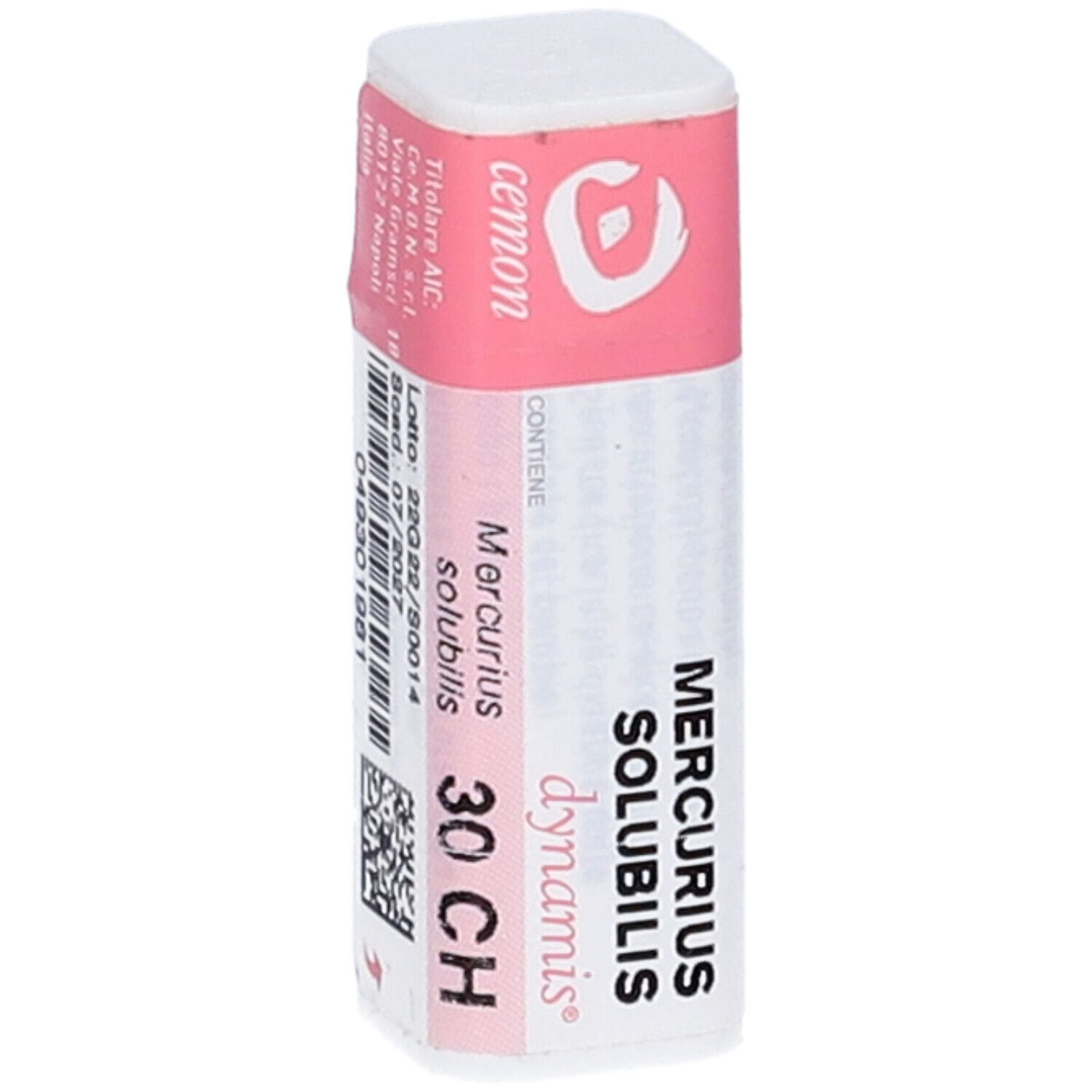 Monodose rosa e bianca con stampa. Testo: Cemon, Mercurius Solubilis 30 CH, Lotto, Scad. 07/2027. Con codice QR.