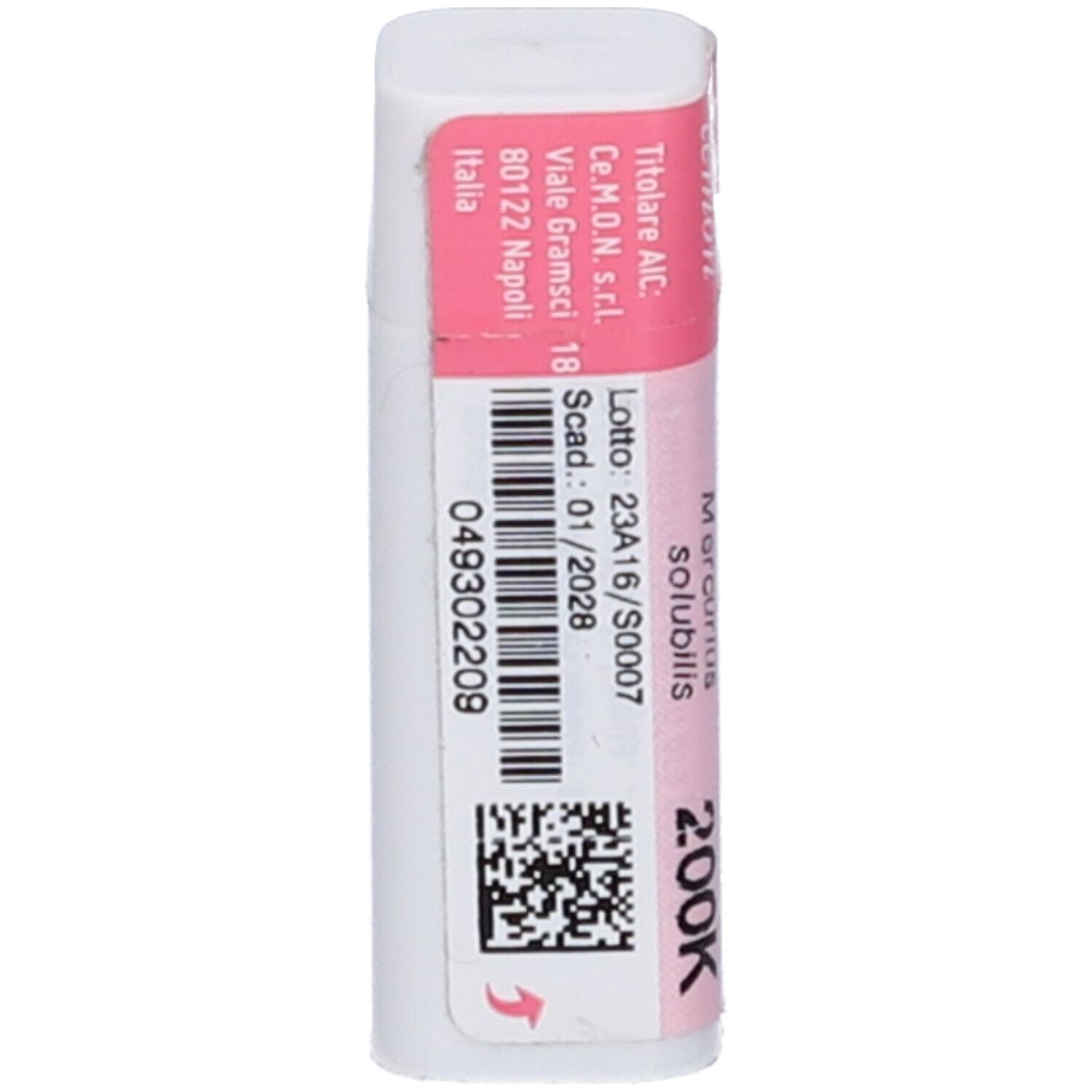 Contenitore bianco e rosa. Codice a barre e testo: Mercurius Solubilis 200K. Indirizzo e scadenza.