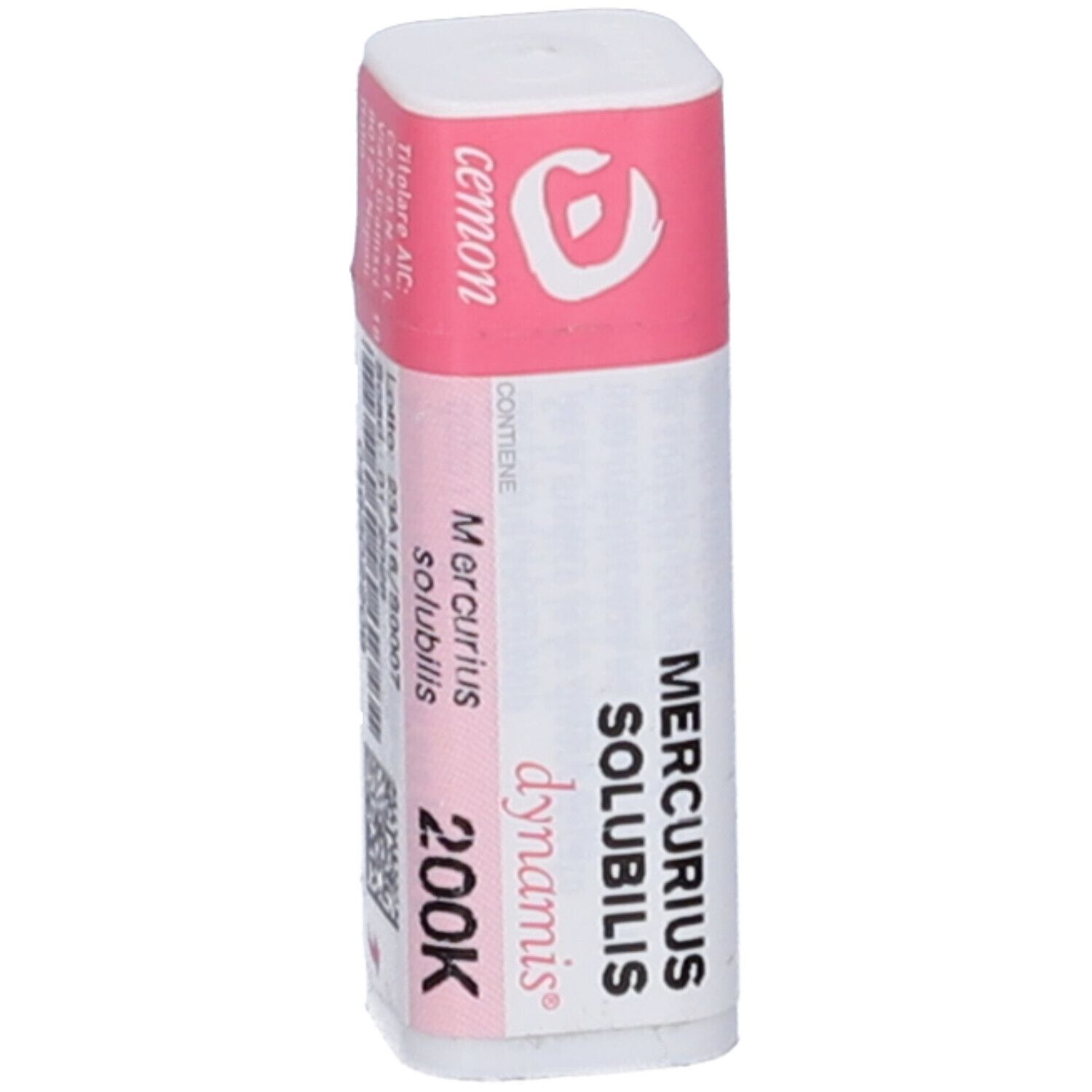 Contenitore cilindrico bianco e rosa. Scritta: Mercurius Solubilis Dynamis 200K. Marchio: cemon.