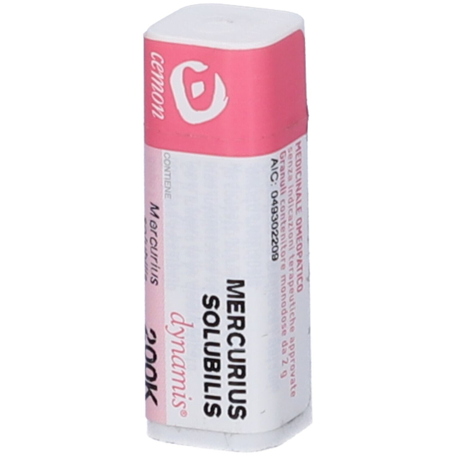 Contenitore cilindrico bianco e rosa. Scritta: Mercurius Solubilis Dynamis 200K. Marchio: cemon.