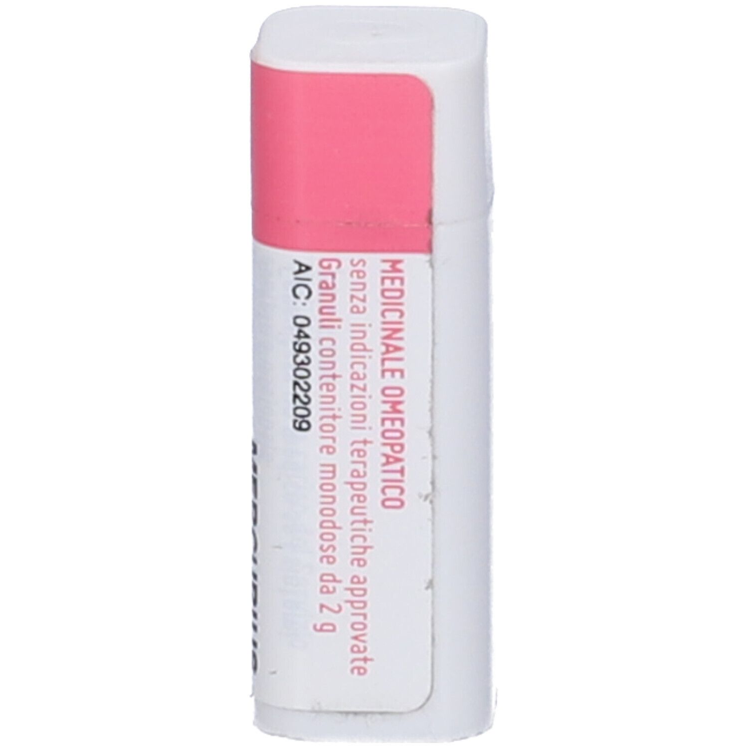 Contenitore cilindrico bianco e rosa. Scritta: Mercurius Solubilis 200K. Testo: Medicinale.
