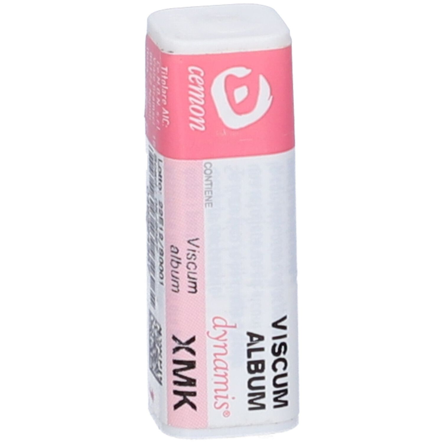 Flacone cilindrico con etichetta rosa e bianca. Scritta: CEMON, Viscum album dynamis XMK.