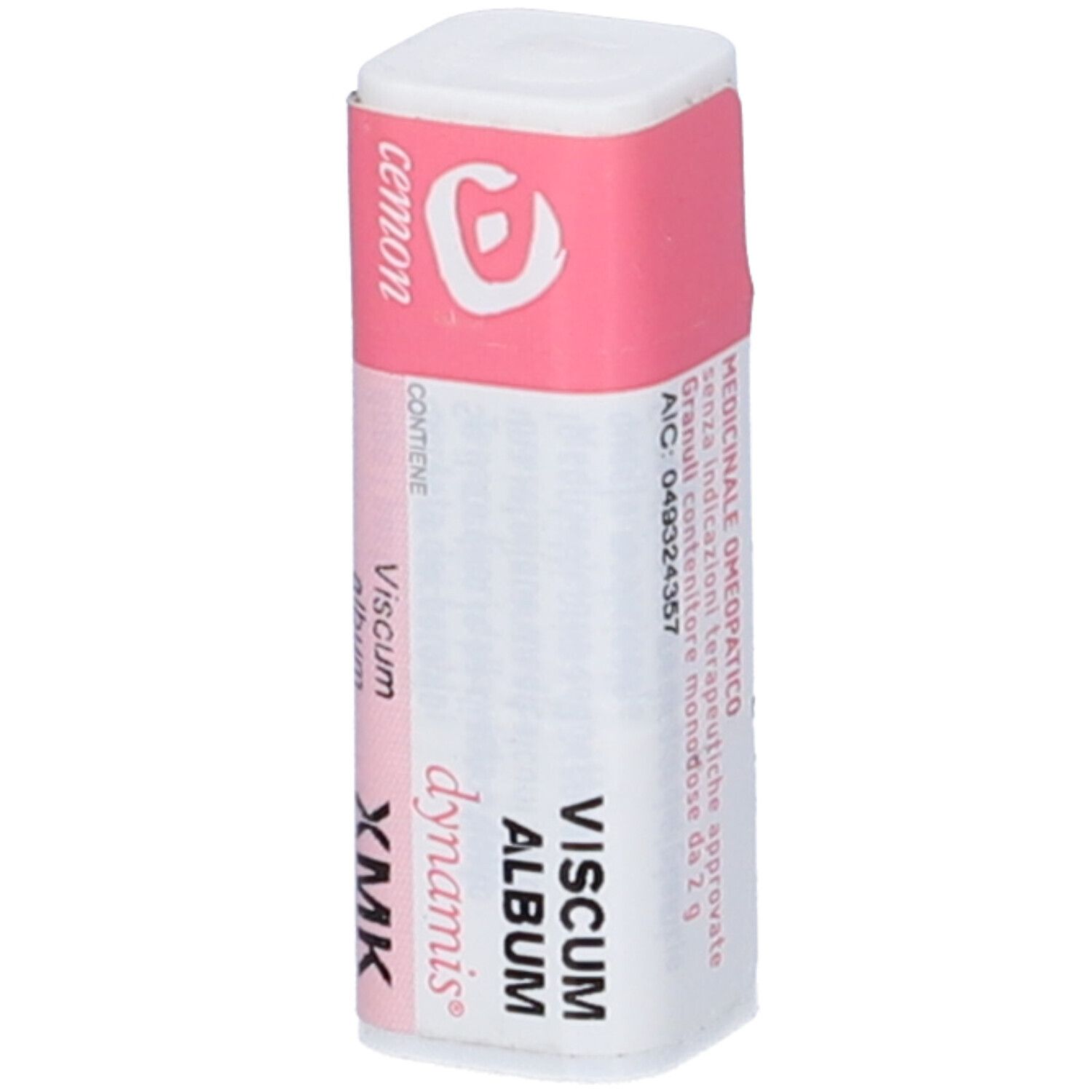 Flacone cilindrico con etichetta rosa e bianca. Scritta: CEMON, Viscum album dynamis XMK.