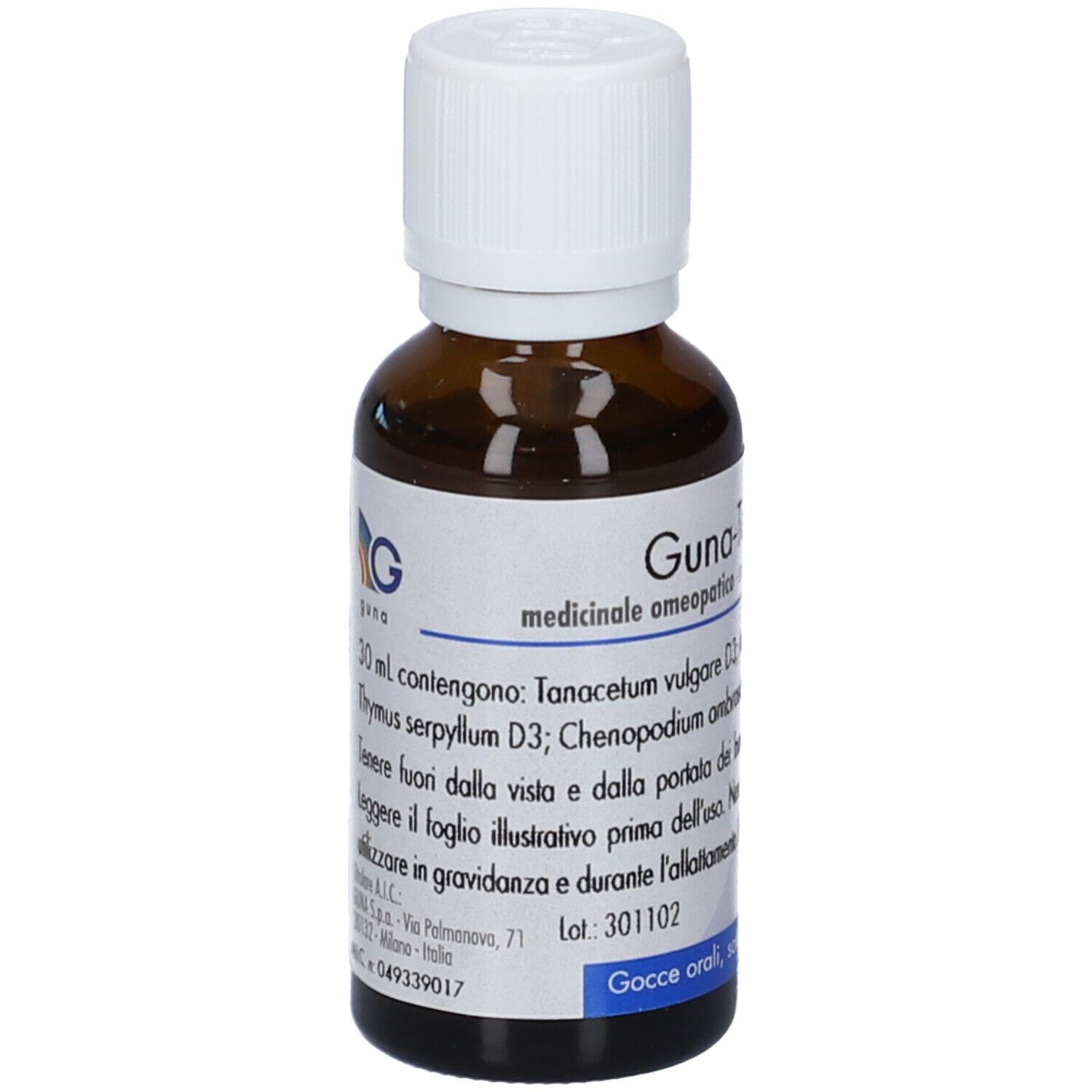 Flacone in vetro marrone con tappo contagocce bianco. Etichetta "Guna-Anti IL1", 15 ml.