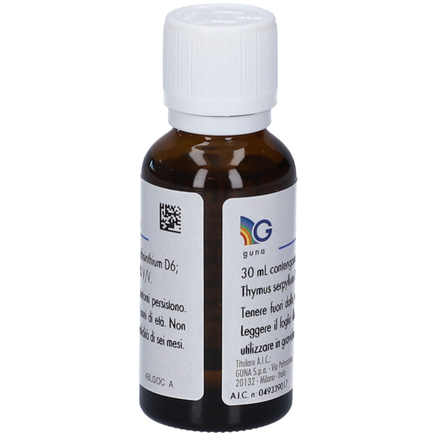 Flacone in vetro marrone con tappo contagocce bianco. Etichetta "Guna-Tanacetum", 30 ml.