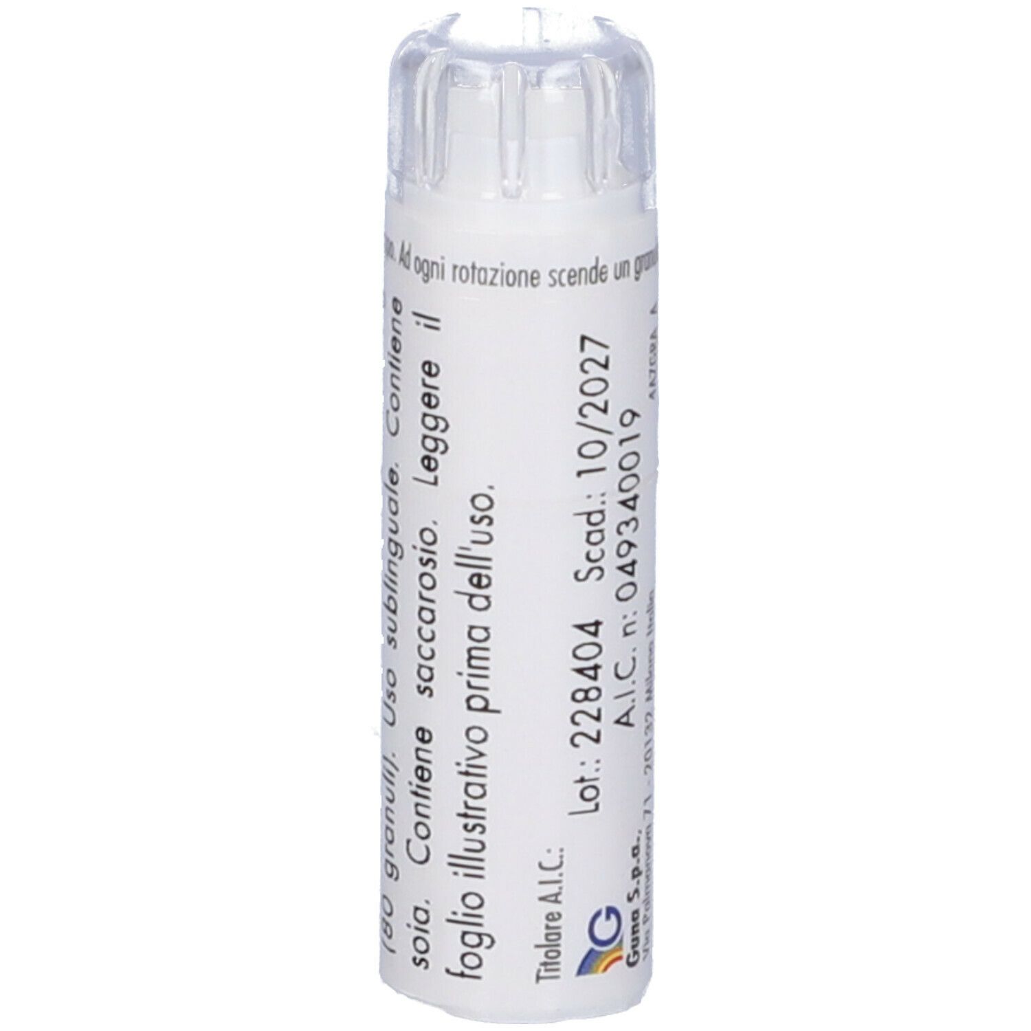 Flacone cilindrico bianco con tappo trasparente. Testo sul flacone. Scritta: T4 REG.