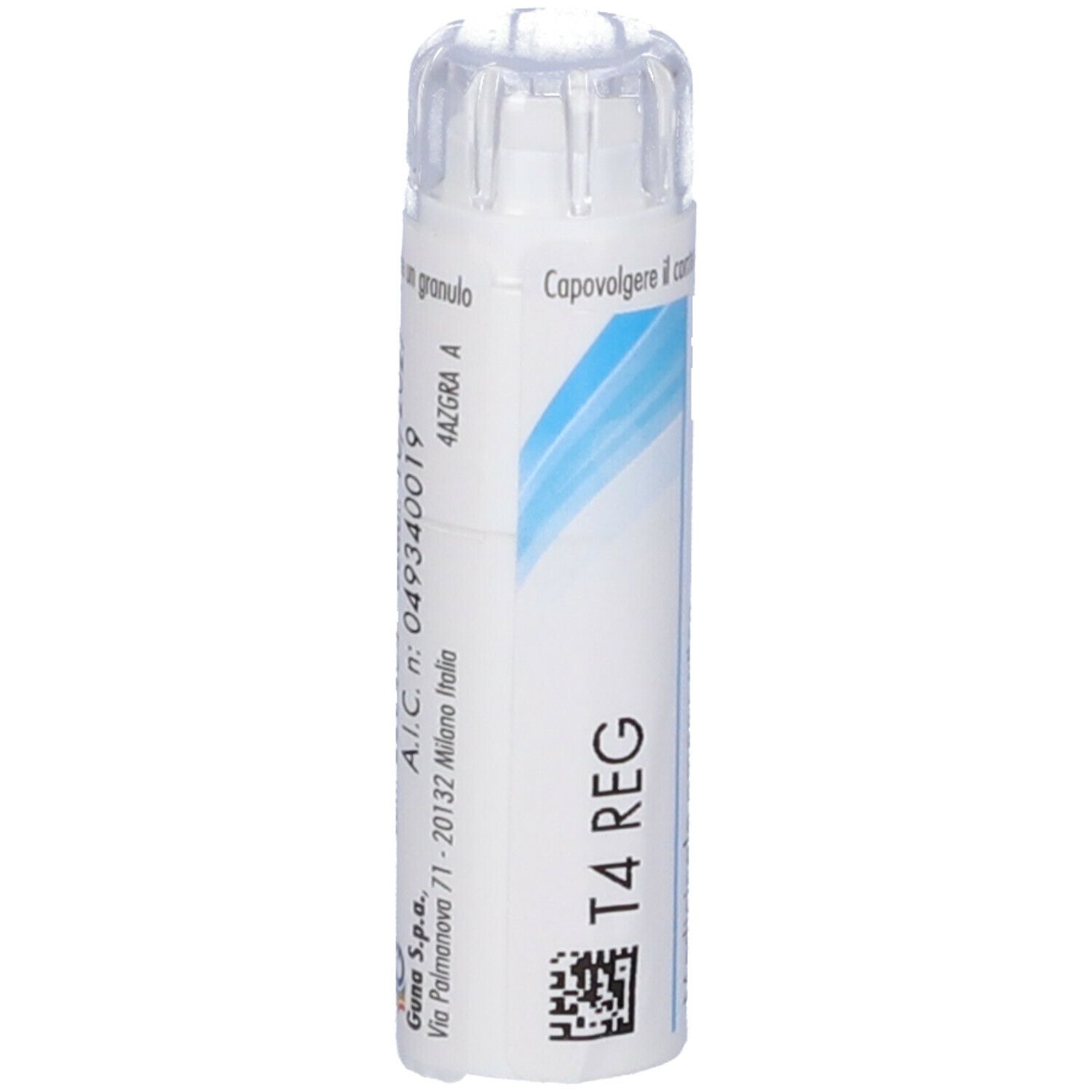 Flacone cilindrico bianco con tappo trasparente. Strisce blu e testo. Scritta: T4 REG.