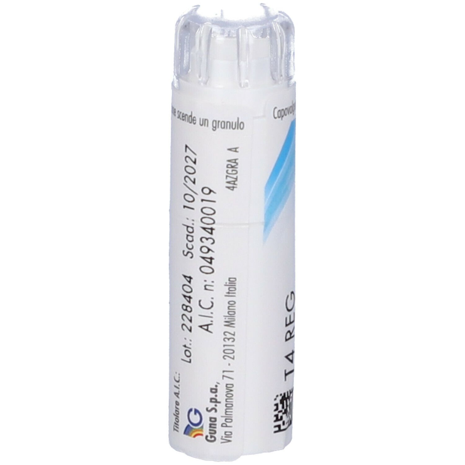 Flacone cilindrico bianco con tappo trasparente. Testo e strisce blu. Scritta: T4 REG.