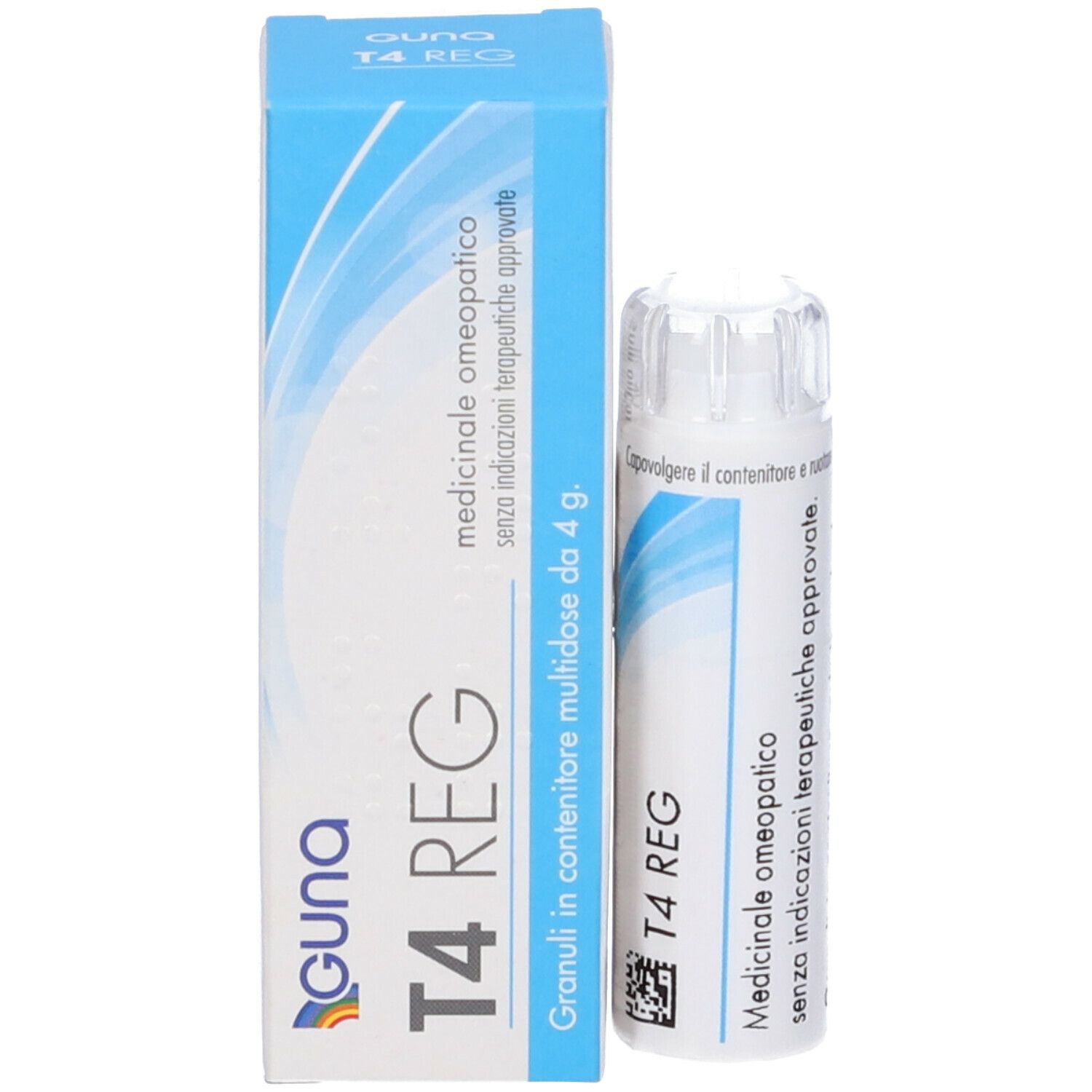 Confezione del prodotto con flacone. Scatola blu con flacone bianco. Scritta: T4 REG.