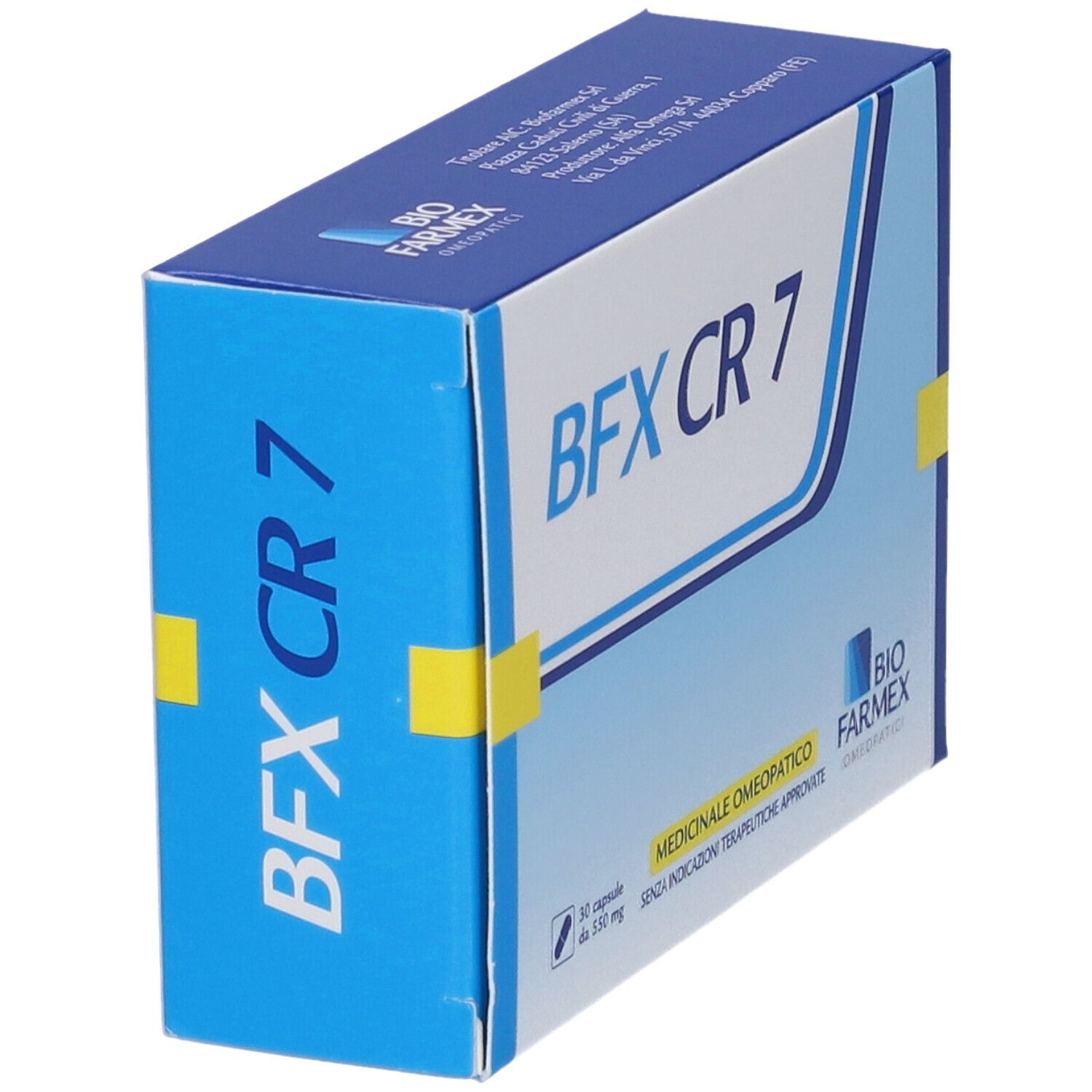 Scatola BFX CR 7, blu e bianca. Scritta: Medicinale Omeopatico. Contiene 30 capsule.
