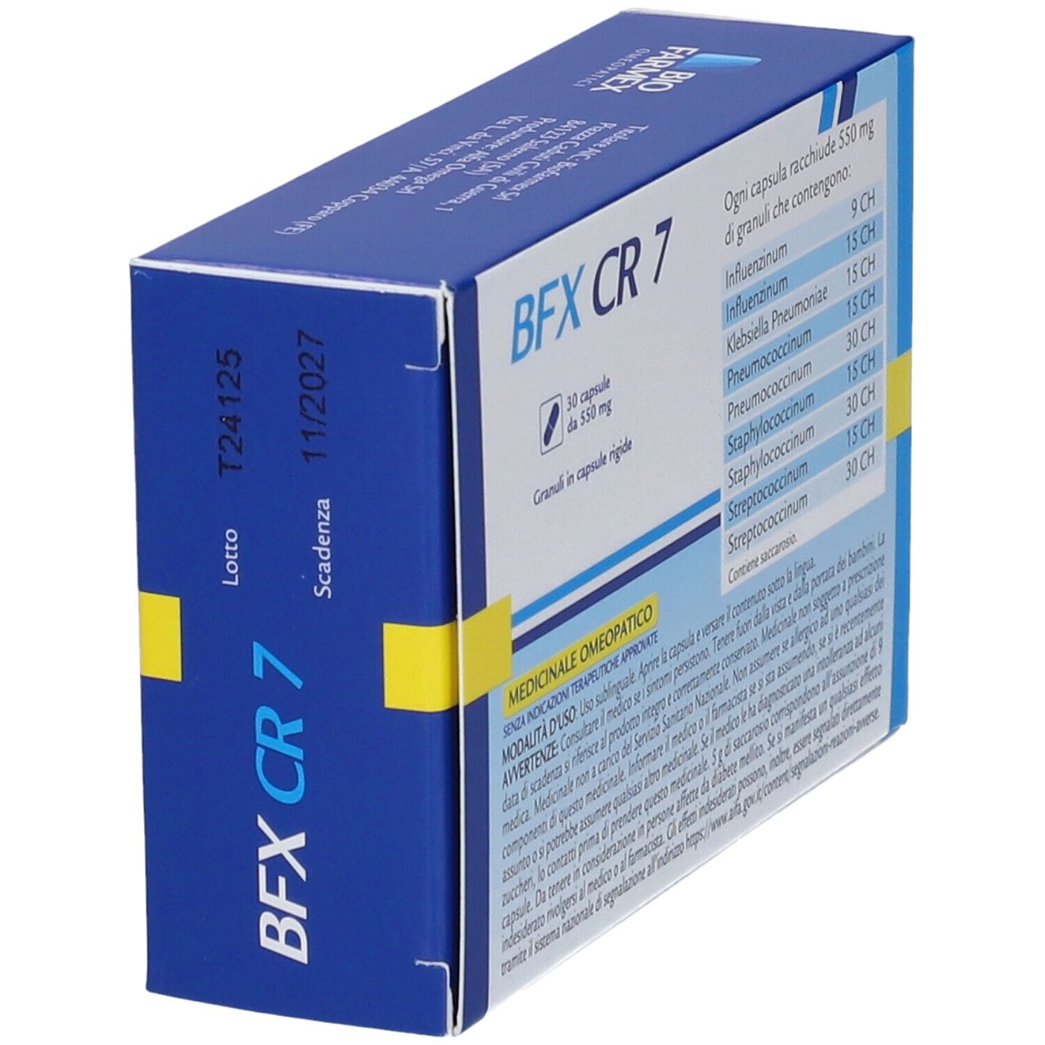 Scatola BFX CR 7, blu e bianca. Retro con ingredienti e data di scadenza. Contiene 30 capsule.