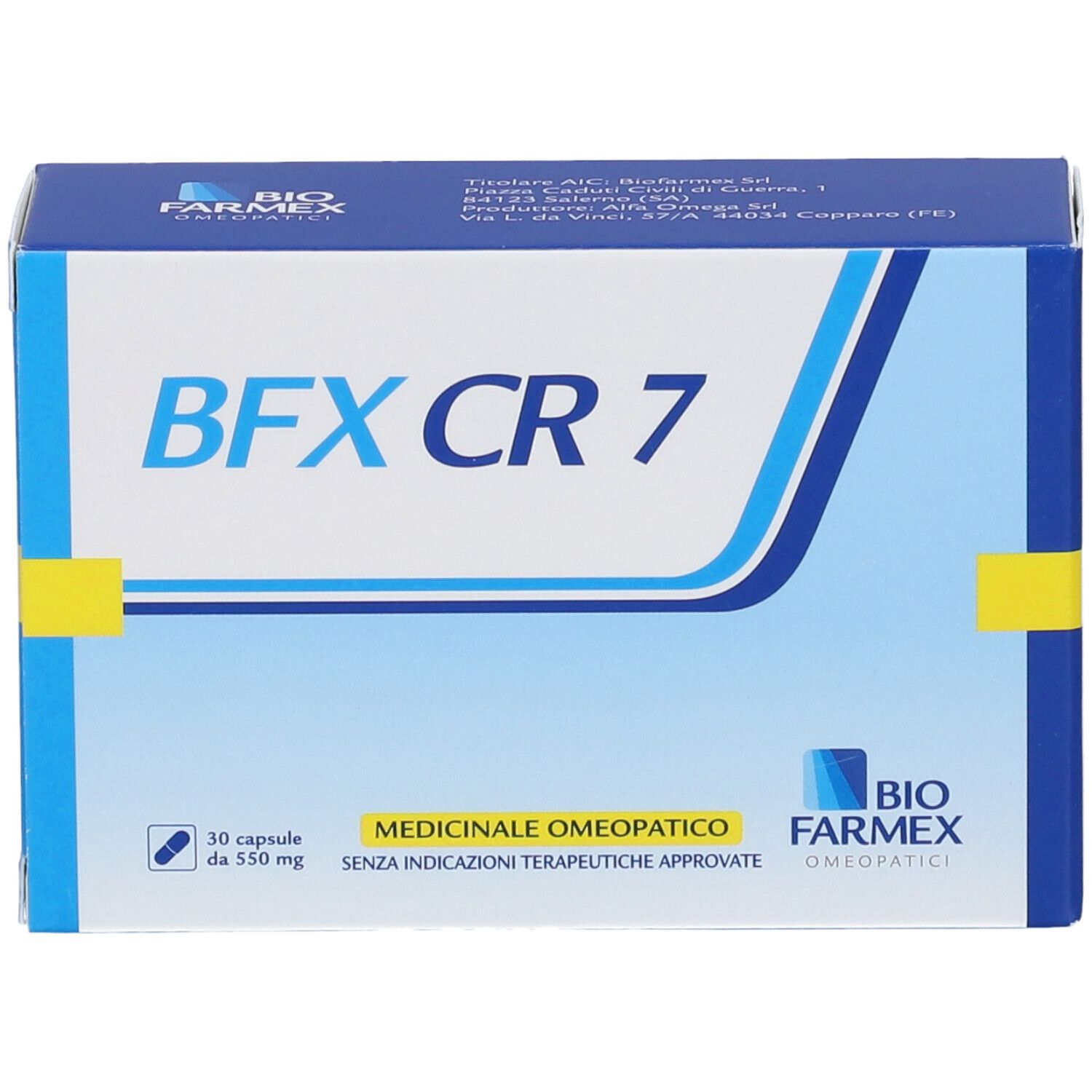 Scatola blu e bianca con BFX CR 7. Contiene 30 capsule. Scritta: Medicinale Omeopatico.