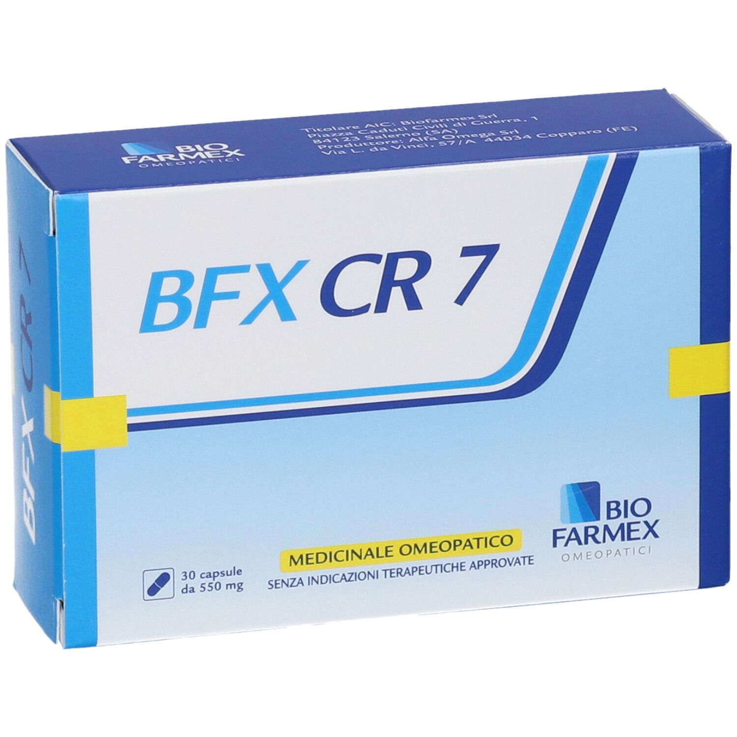 Scatola blu e bianca con BFX CR 7. Contiene 30 capsule. Scritta: Medicinale Omeopatico.