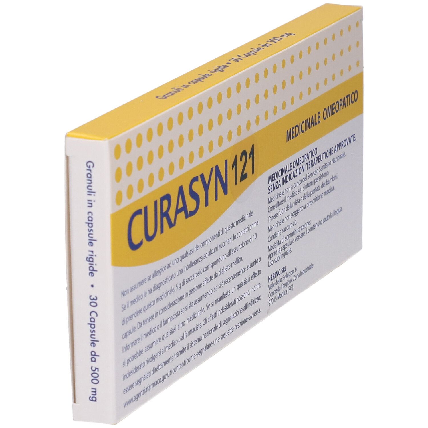 Vista angolata della confezione CURASYN 121. Scatola giallo-bianca con nome del prodotto e informazioni mediche. 30 capsule.
