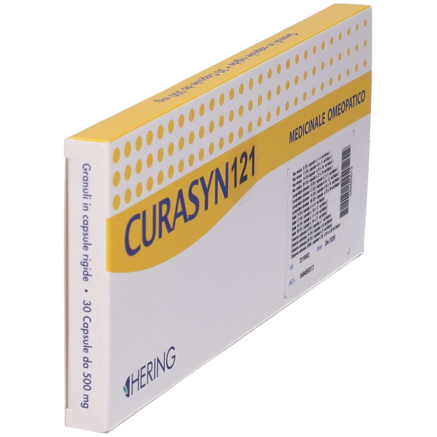 Vista angolata della confezione CURASYN 121. Scatola giallo-bianca con nome del prodotto e informazioni mediche. Logo Hering.