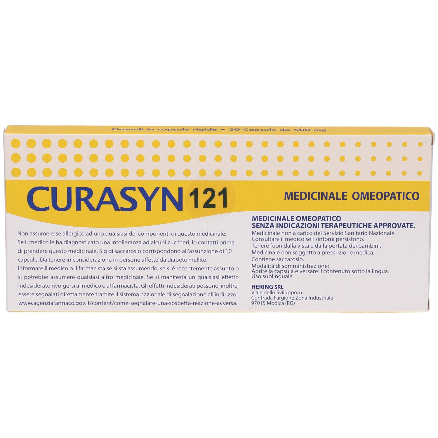 Confezione CURASYN 121. Scatola giallo-bianca con nome del prodotto e informazioni mediche. Medicinale omeopatico. 30 capsule.