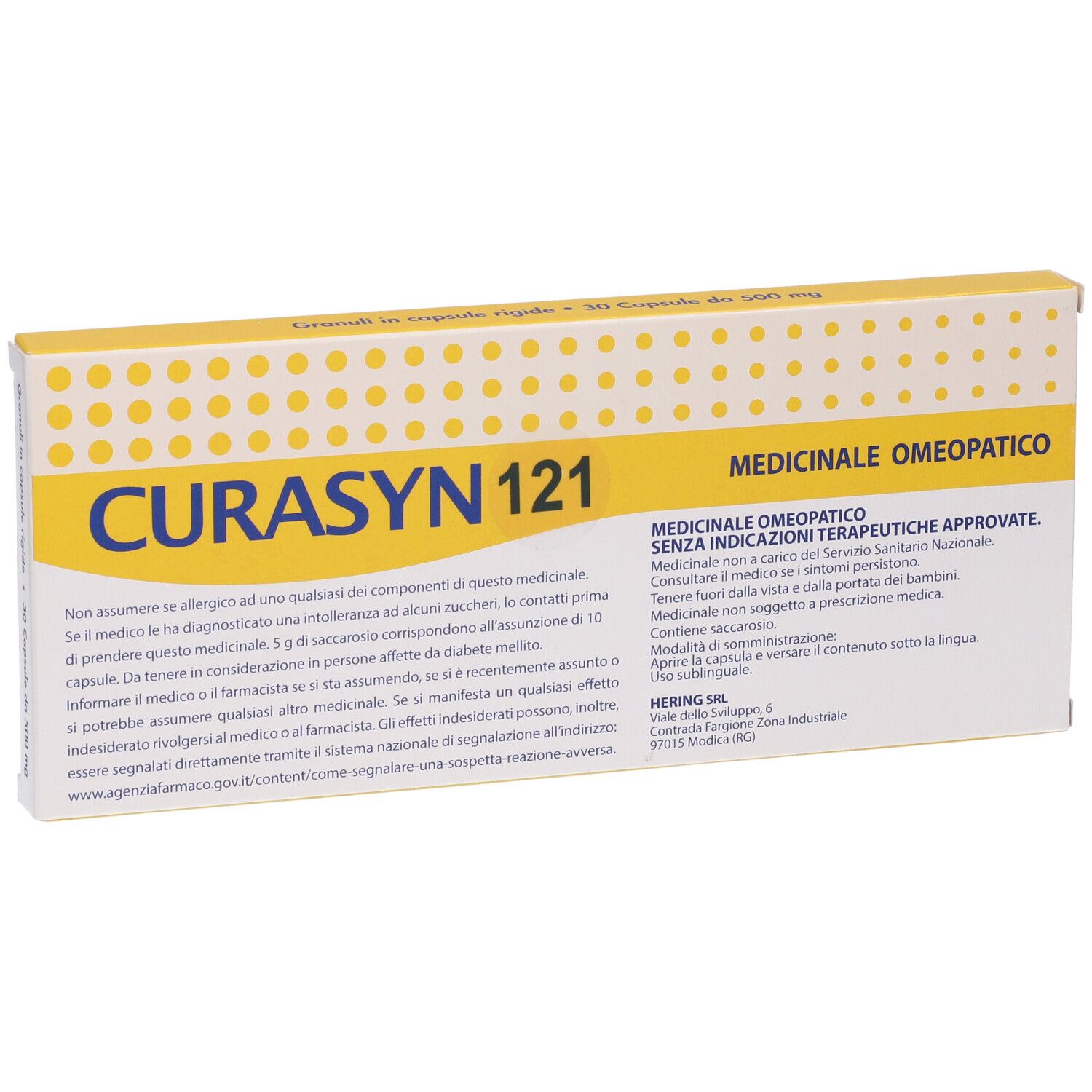 Confezione CURASYN 121. Scatola giallo-bianca con nome del prodotto e informazioni mediche. Medicinale omeopatico. 30 capsule.