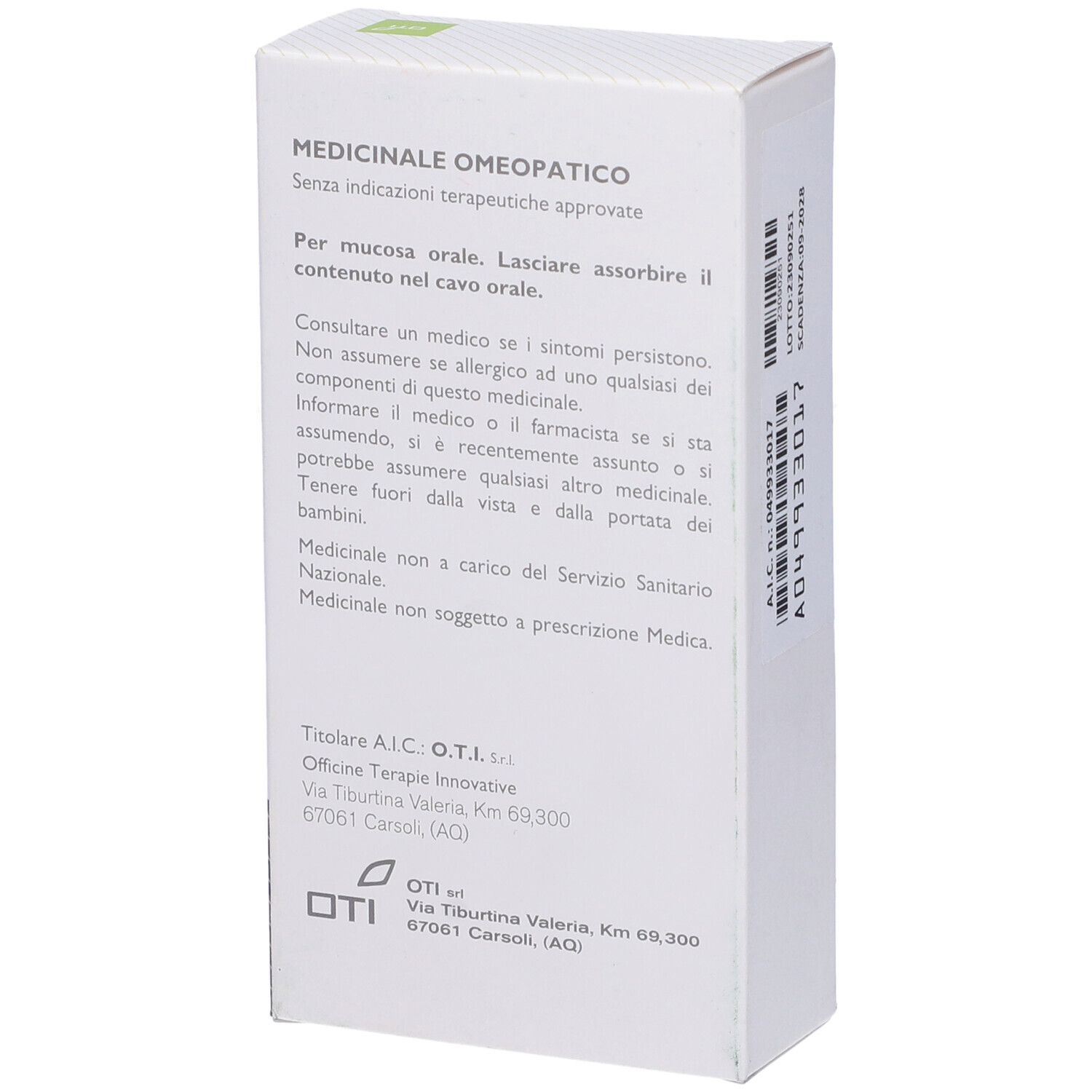 Scatola di cartone bianca. Testo: Medico, logo OTI, indirizzo. Contiene informazioni sull'uso e avvertenze.