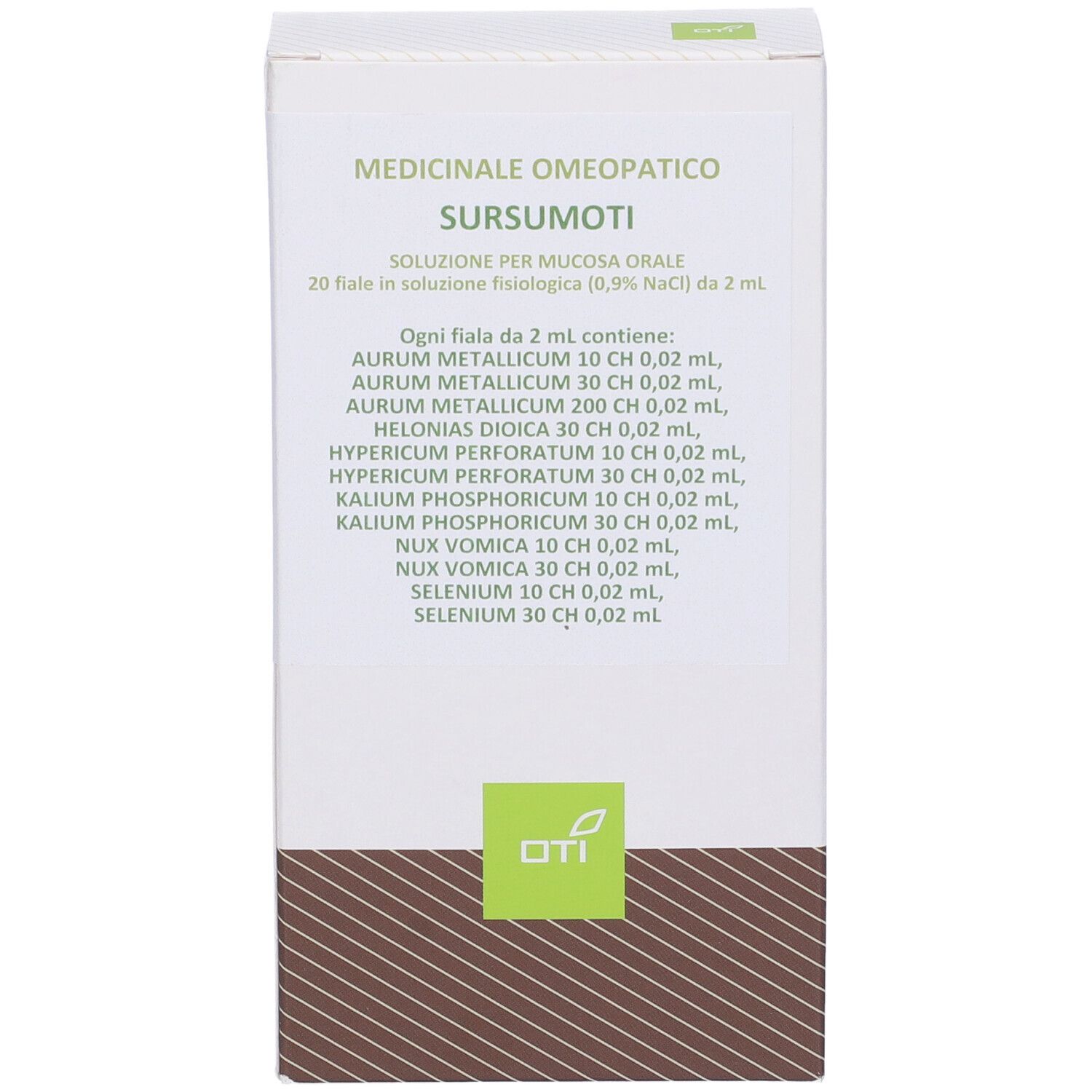 Scatola di cartone bianca con dettagli verdi e marroni. Testo: Sursumoti, logo OTI. Elenco degli ingredienti.