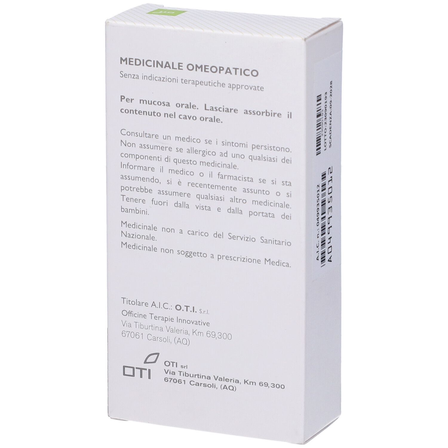 Confezione bianca con testo. Scritto: Medicinale omeopatico. Informazioni produttore e avvertenze.