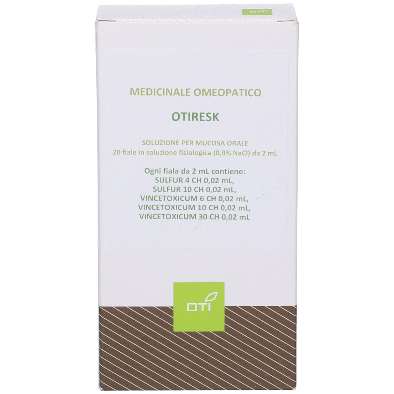 Confezione bianca con logo verde e testo. Scritto: Otiresk, soluzione per mucosa orale. Contiene 20 fiale.