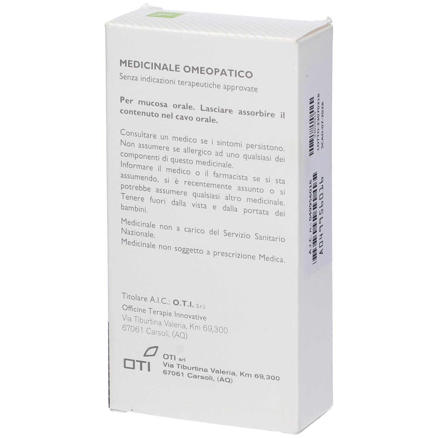 Retro della confezione del prodotto. Testo con istruzioni e informazioni del produttore. Logo Oti.