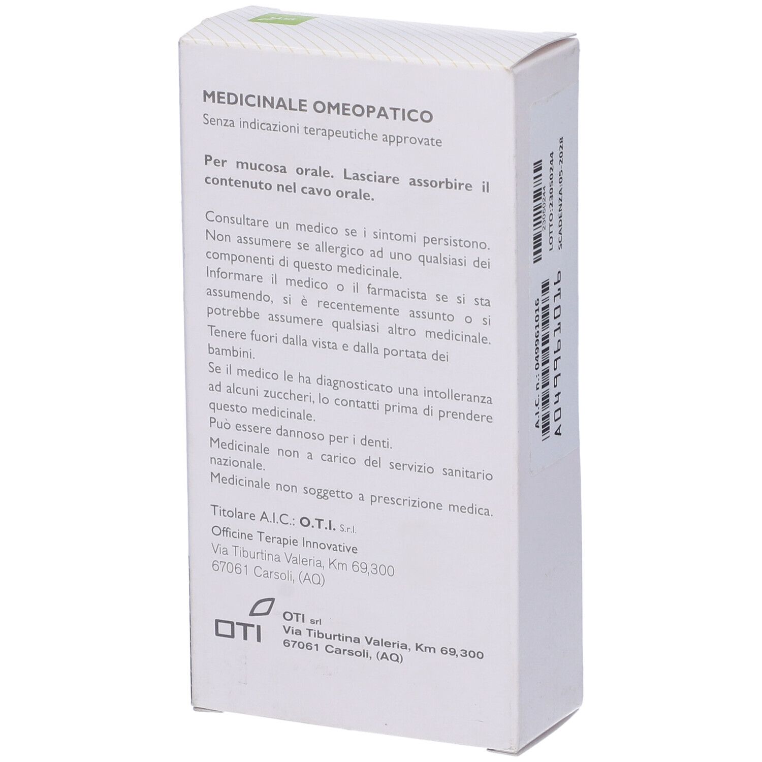 Scatola bianca, retro. Testo: "MEDICINALE OMEOPATICO". Informazioni sull'uso e il produttore.