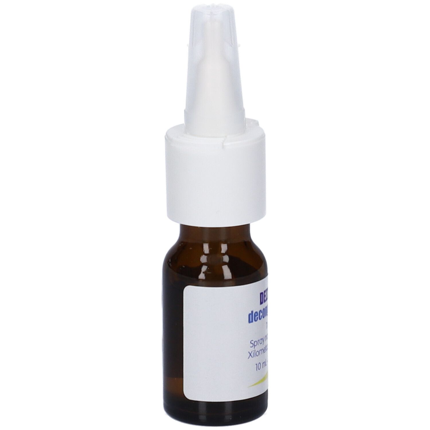 Flacone di vetro marrone con nebulizzatore bianco. Etichetta con testo. Prodotto per il naso.