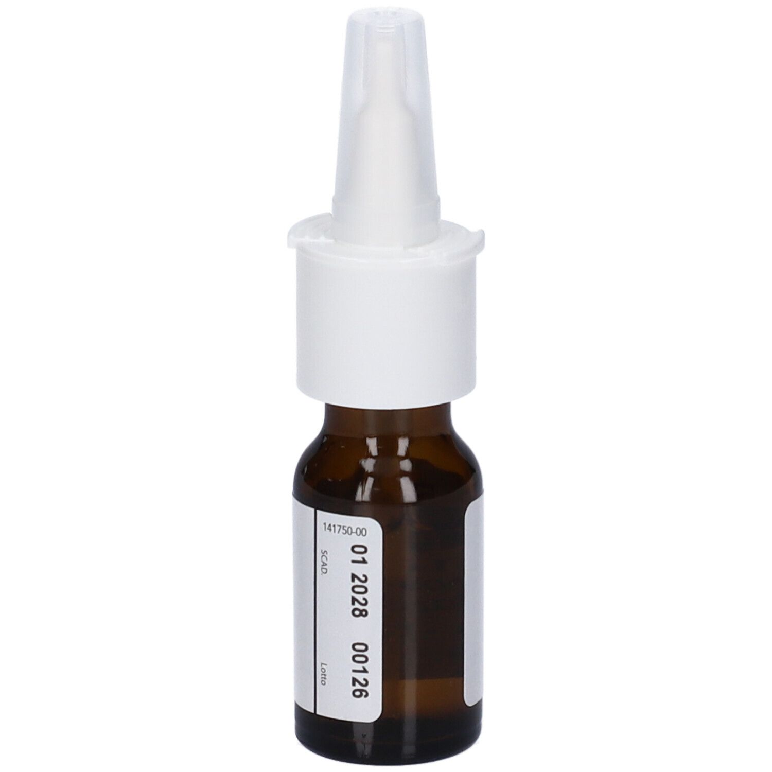 Flacone di vetro marrone con nebulizzatore bianco. Etichetta con testo e data di scadenza. Prodotto per il naso.