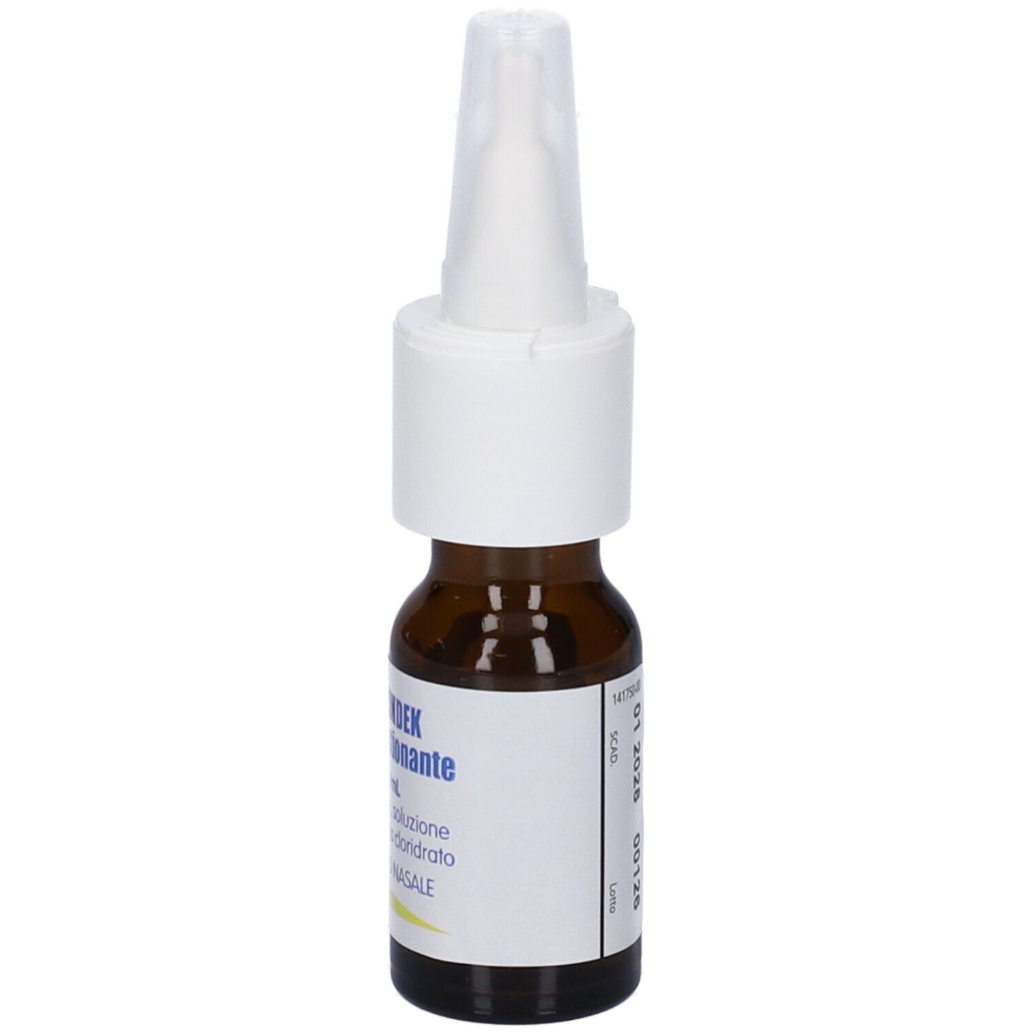 Flacone di vetro marrone con nebulizzatore bianco. Etichetta con testo. Prodotto per il naso.