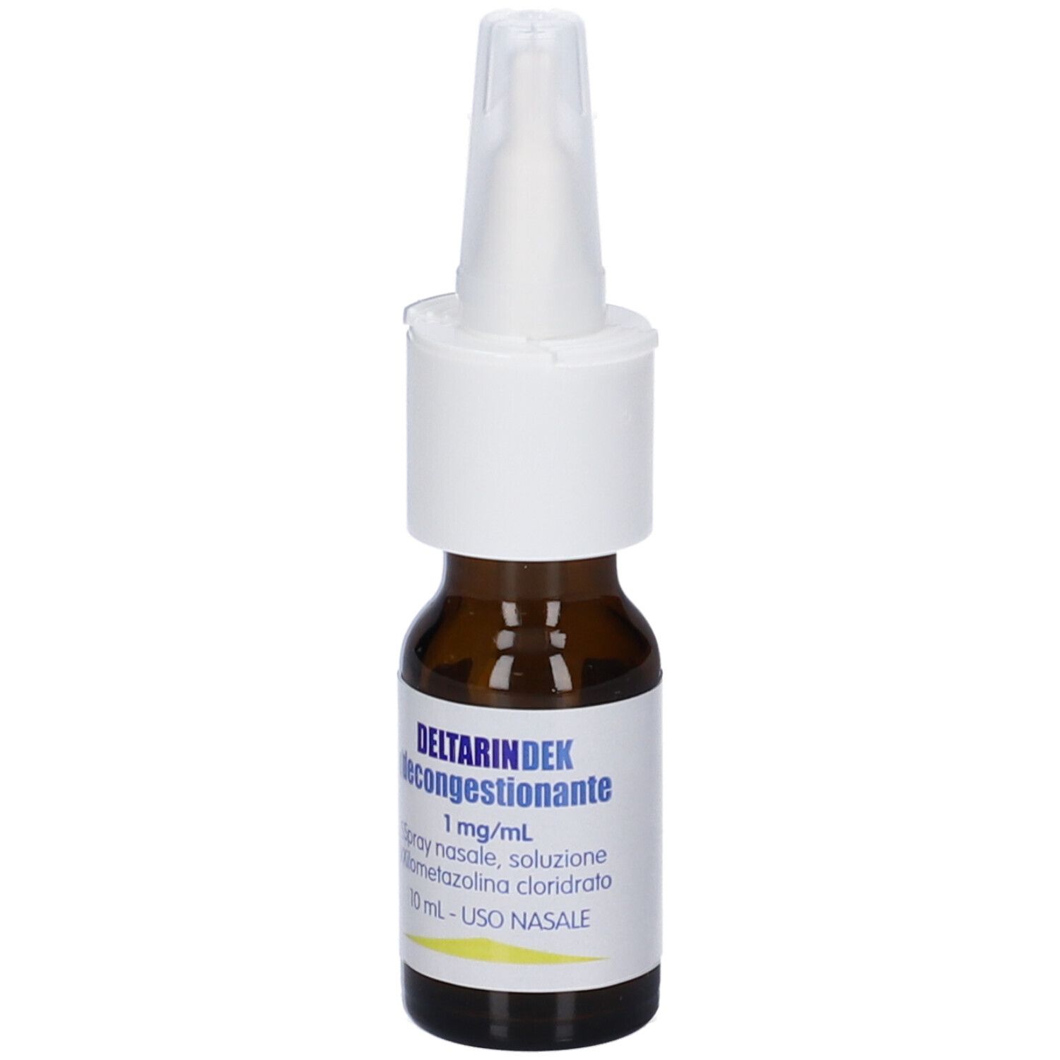 Flacone di vetro marrone con nebulizzatore bianco. Scritta: Deltarindek decongestionante, 1 mg/ml, Spray nasale, soluzione.