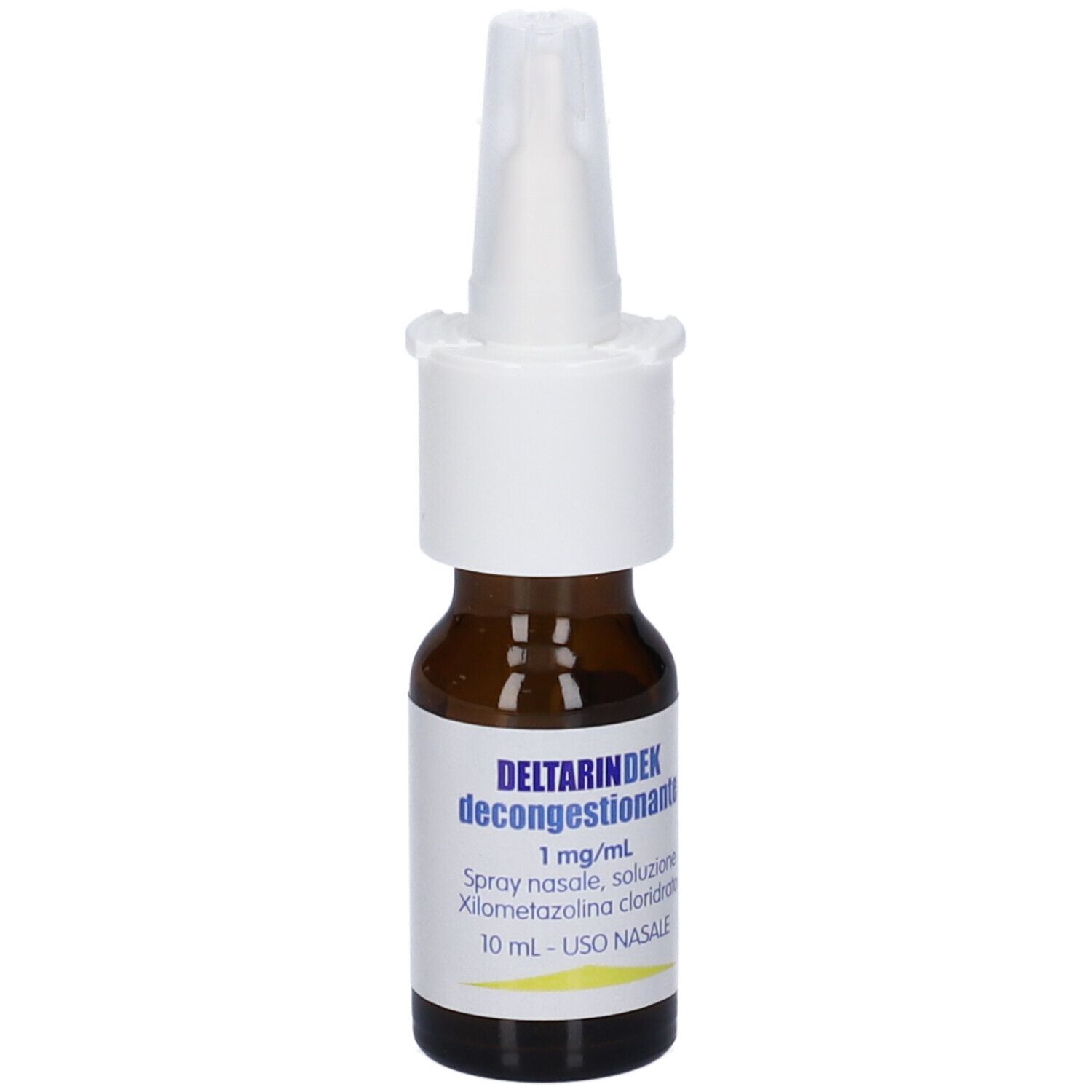 Flacone di vetro marrone con nebulizzatore bianco. Scritta: Deltarindek decongestionante, 1 mg/ml, Spray nasale, soluzione.