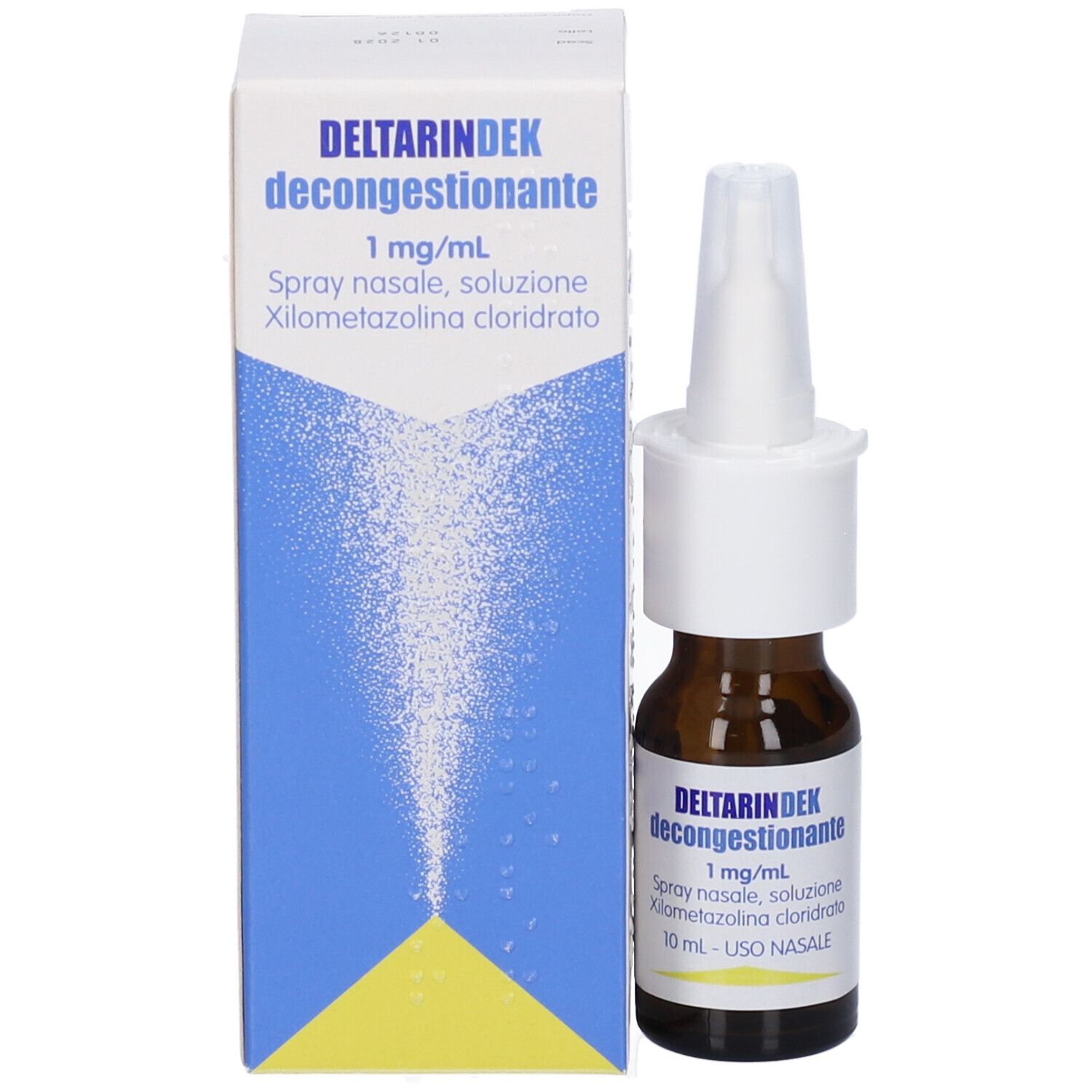 Flacone di vetro marrone con nebulizzatore bianco e scatola. Scritta: Deltarindek decongestionante, 1 mg/ml, Spray nasale.