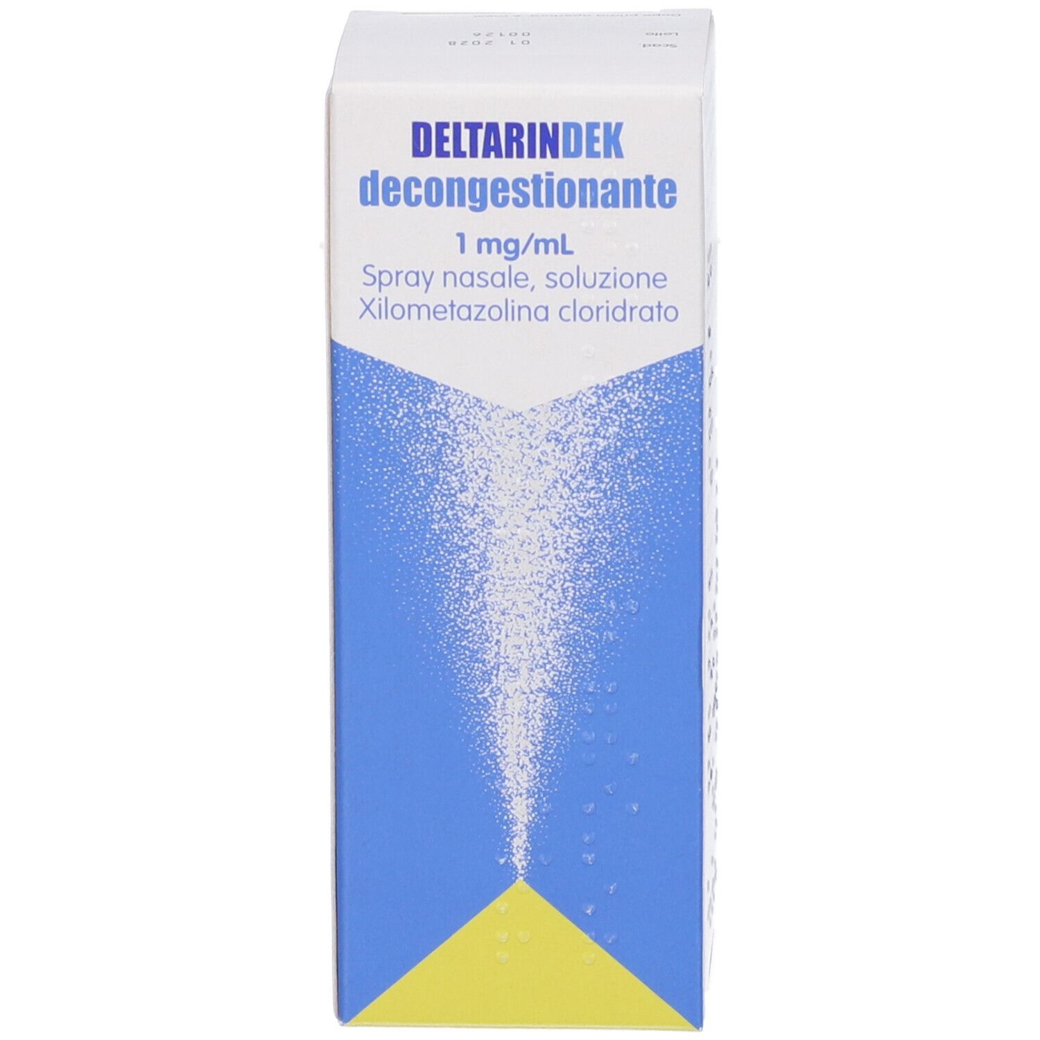 Scatola con scritta: Deltarindek decongestionante, 1 mg/ml, Spray nasale. Sfondo blu con motivo bianco.