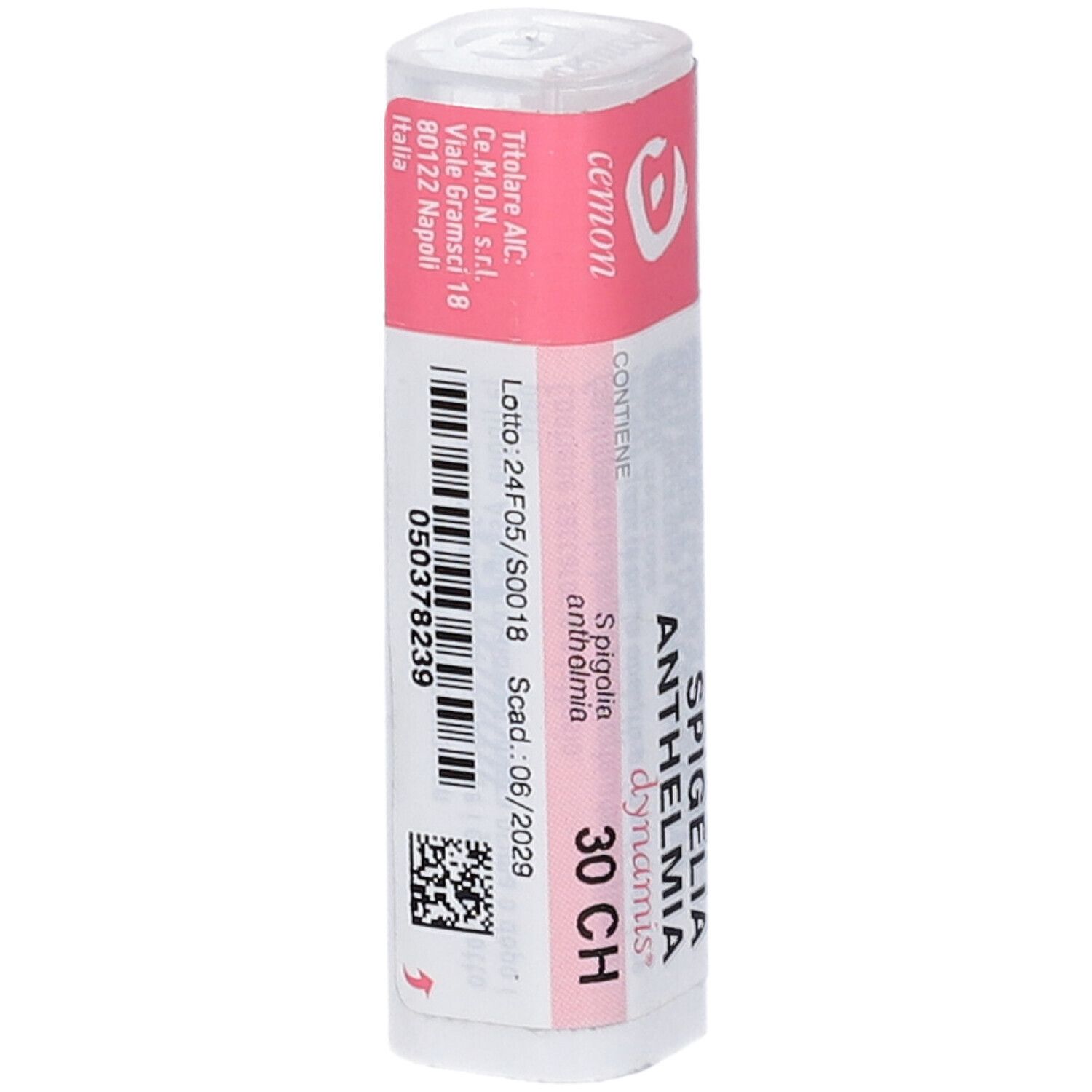 Flacone cilindrico con etichetta rosa. Scritta: Spigelia Anthelmia dynamis 30 CH. Marchio: Cemon. Con codice a barre e scadenza.