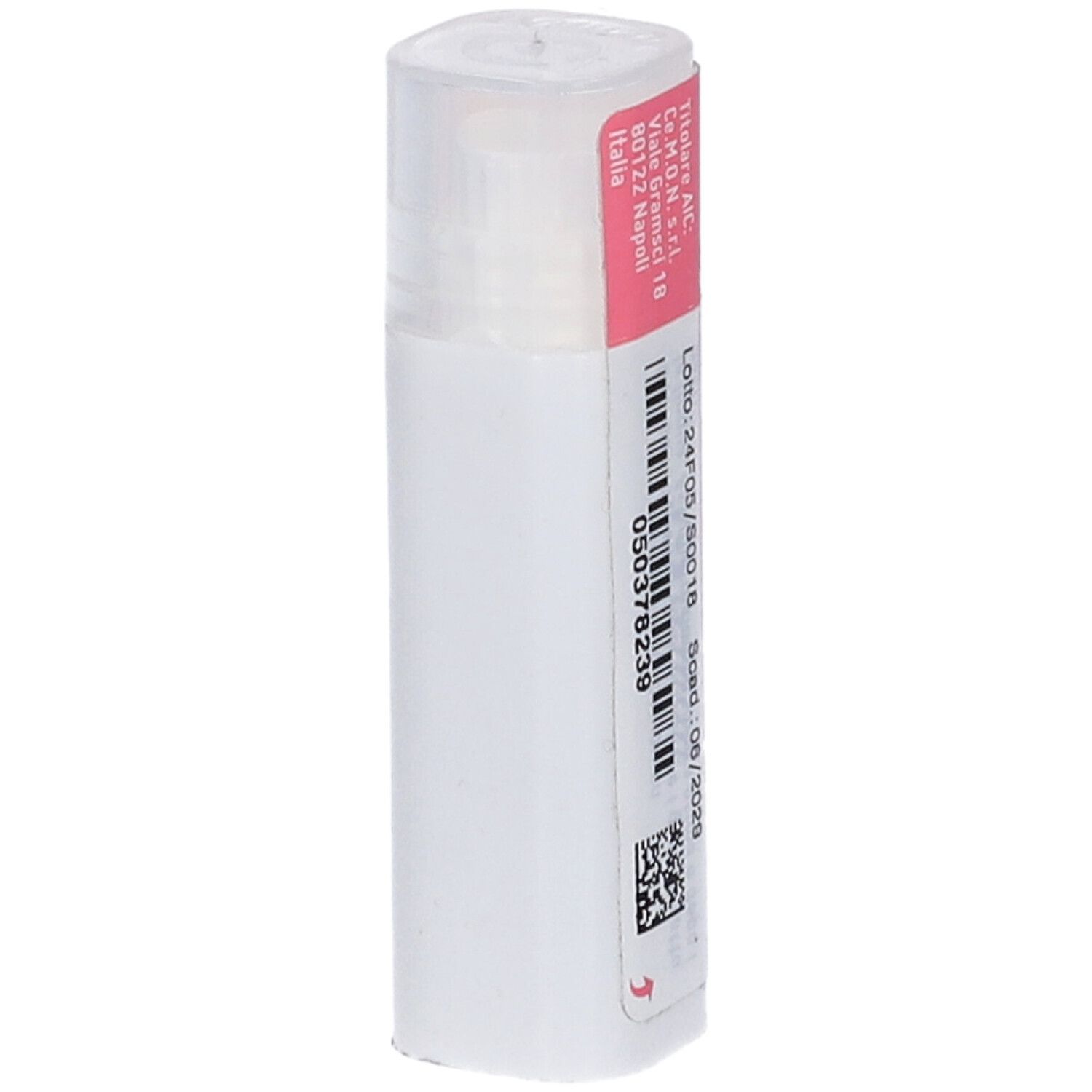 Flacone cilindrico, bianco con etichetta rosa. Stampa: indirizzo del produttore, codice a barre, scadenza. Marchio: Cemon.