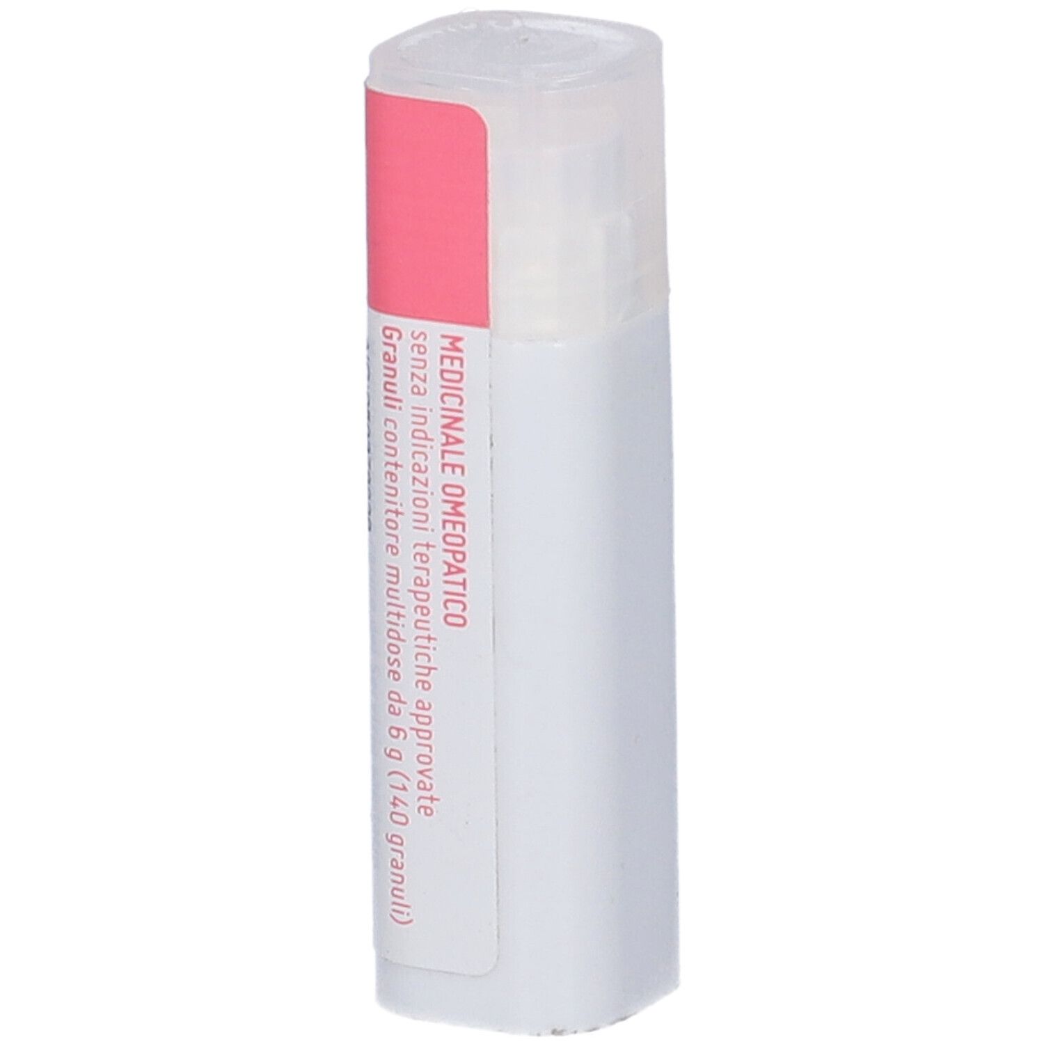 Flacone cilindrico, bianco con etichetta rosa. Scritta: Medicinali omeopatici. Contiene 140 granuli. Marchio: Cemon.