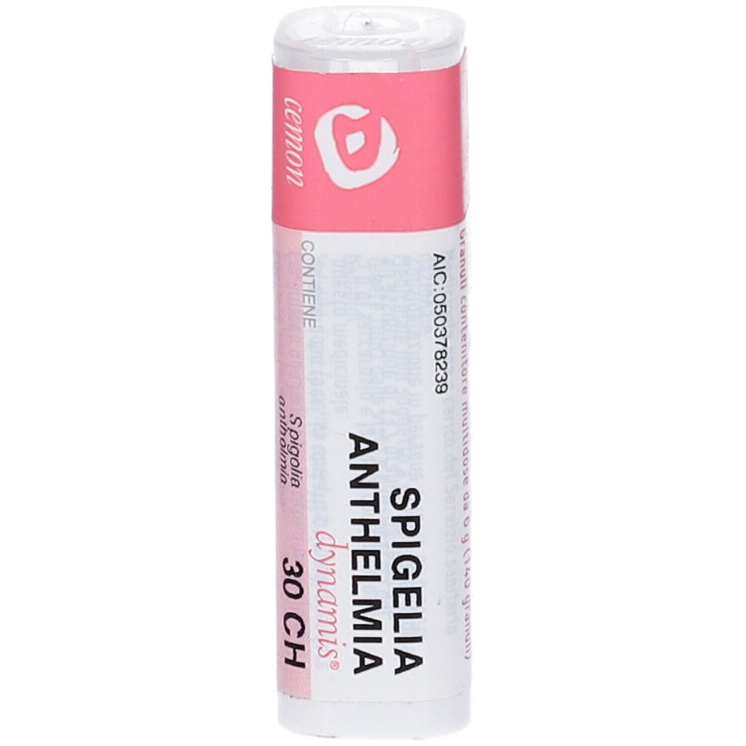 Flacone cilindrico con etichetta rosa. Scritta: Spigelia Anthelmia dynamis 30 CH. Marchio: Cemon. Con codice AIC.