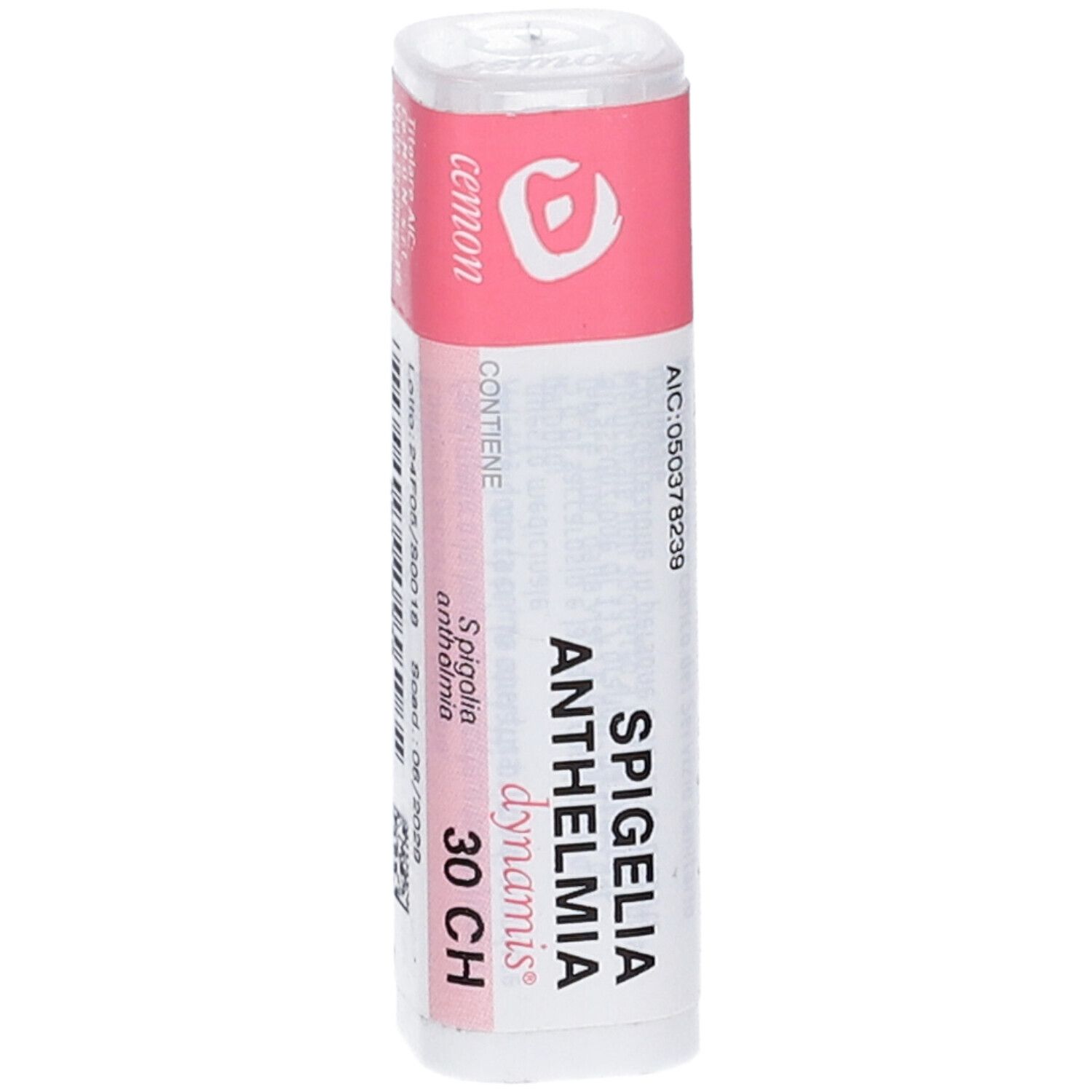 Flacone cilindrico con etichetta rosa. Scritta: Spigelia Anthelmia dynamis 30 CH. Marchio: Cemon. Con codice a barre e scadenza.